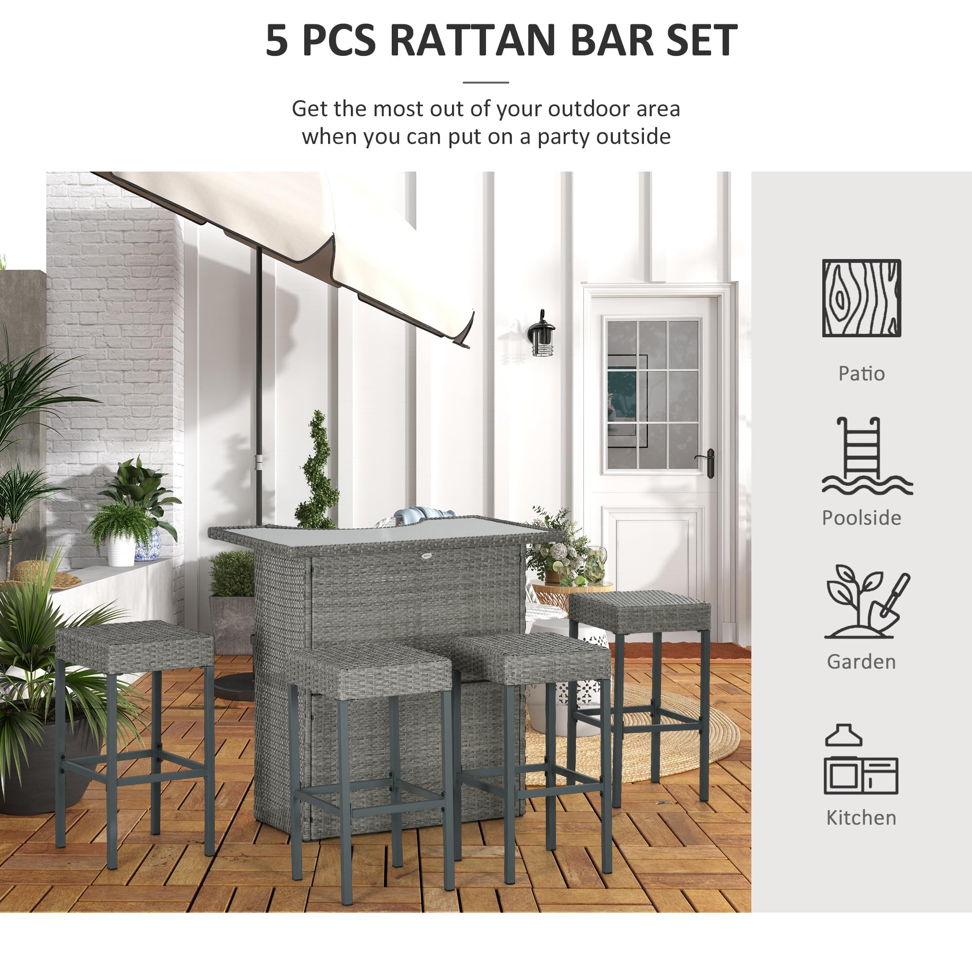 5 Piece Wicker Outdoor Bar Set with Glass Top