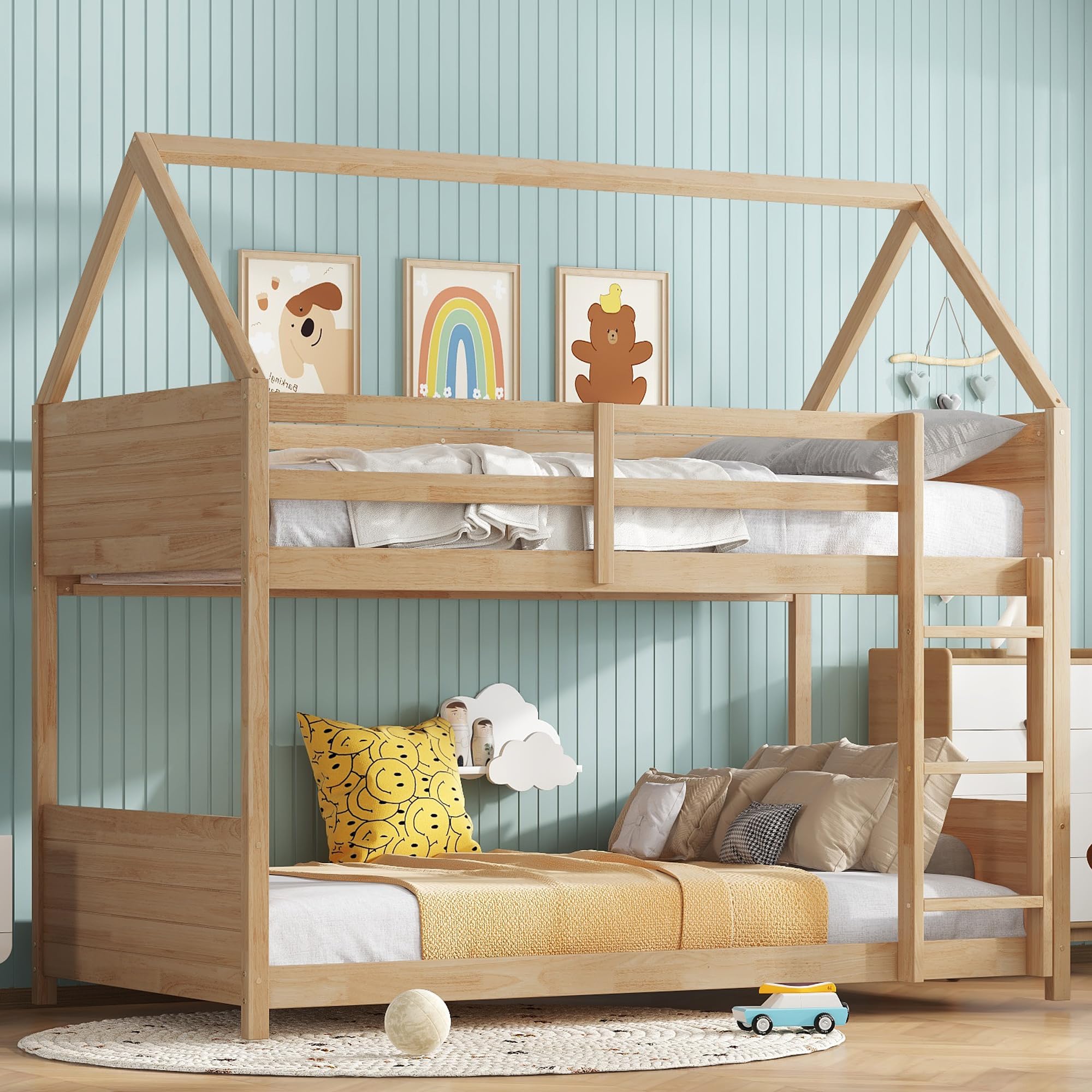 Twin Over Twin House Bunk Bed with Ladder