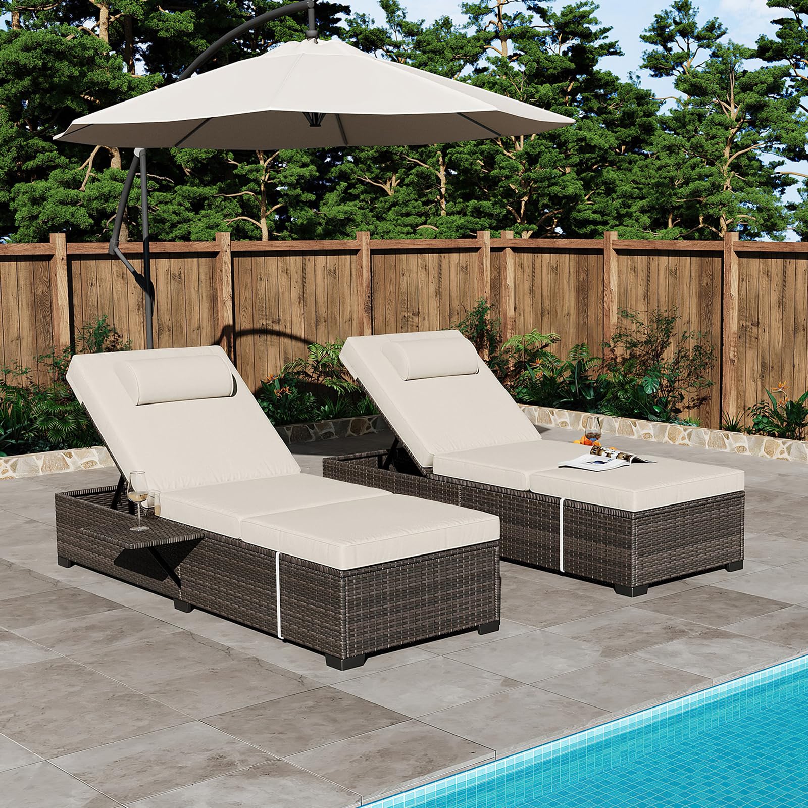 PE Wicker Rattan Chaise Lounge Chair Set of 2