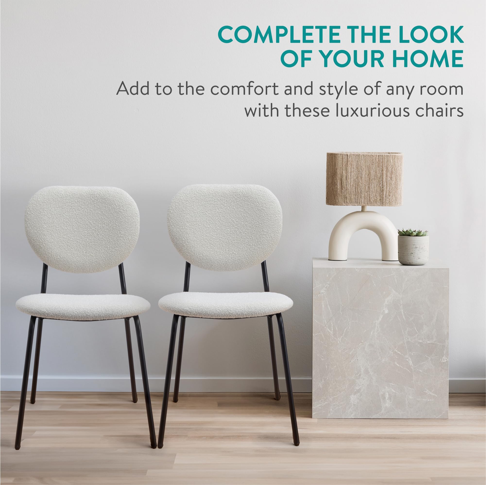 Boucle Dining Chairs Set of 2 - Modern Upholstered with Metal Legs