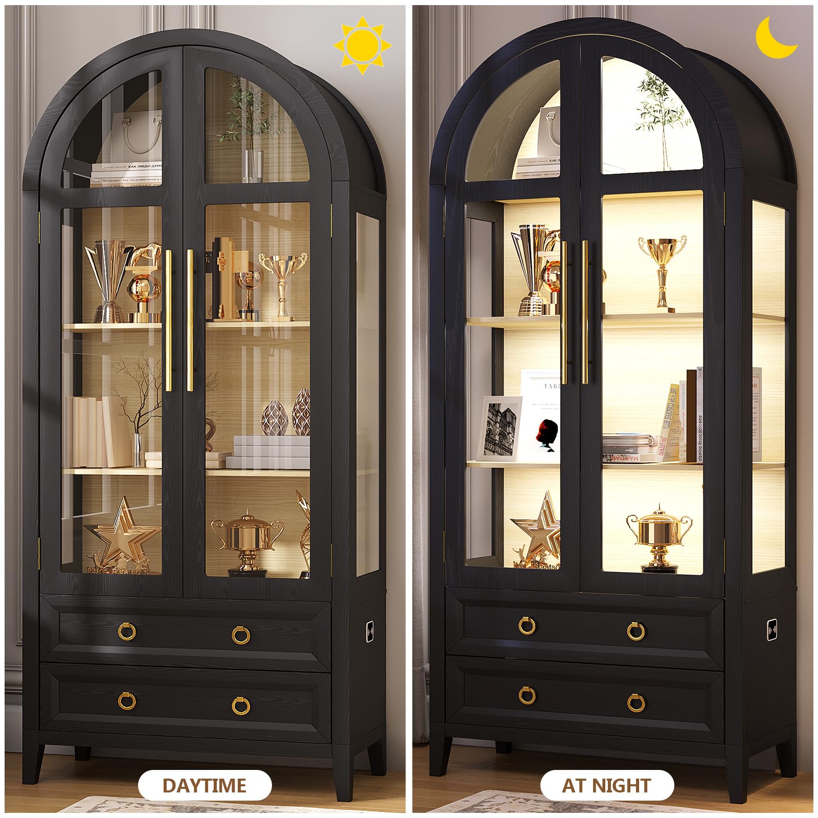 70.8" Arched Display Cabinet with LED Lights and Glass Doors