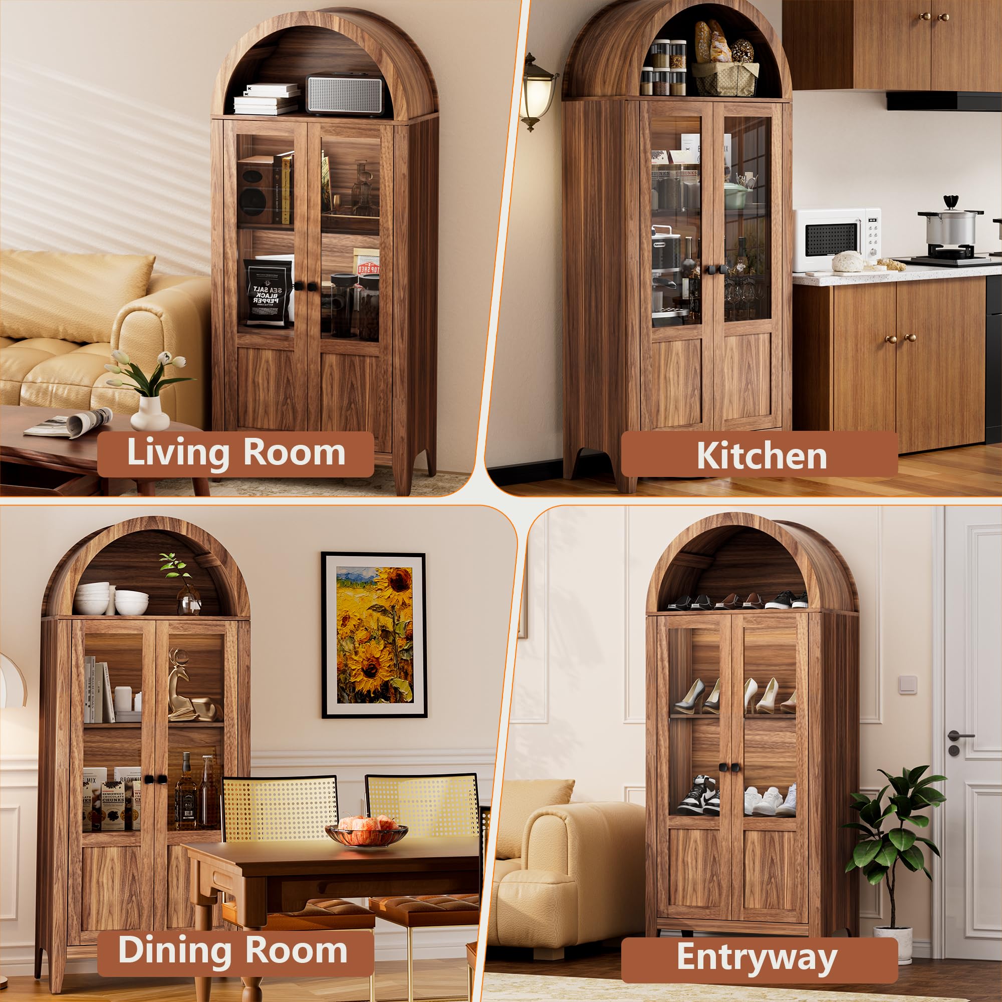 70" Arched Kitchen Pantry Cabinet with Glass Doors