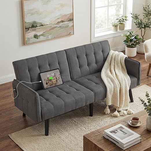 Pink Velvet Convertible Sofa Bed with USB Ports