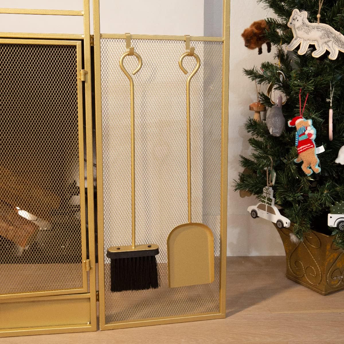 3-Panel Folding Fireplace Screen with Tools