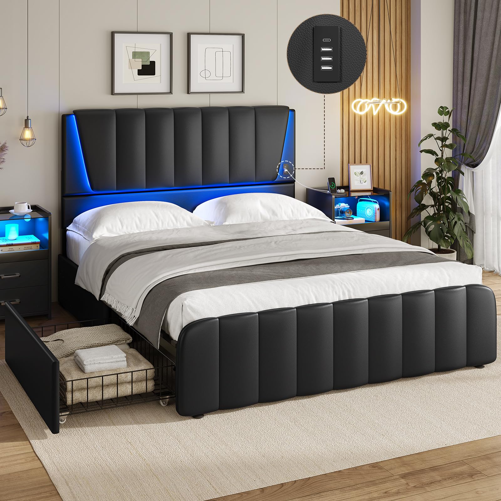 Full Size LED Bed Frame with Storage Drawers and USB Ports