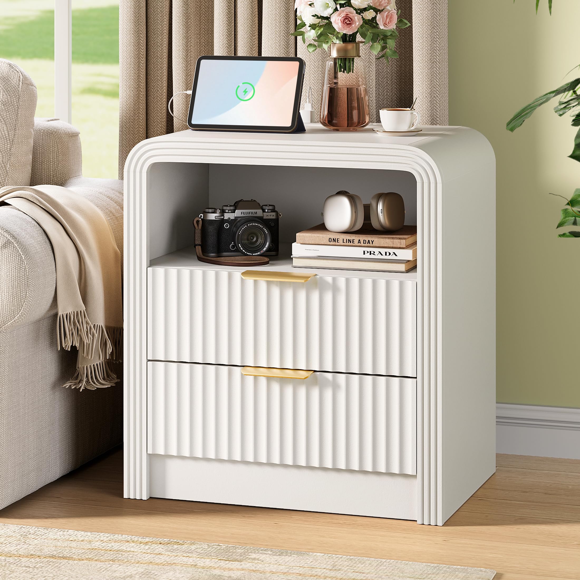 Fluted Nightstand with Charging Station
