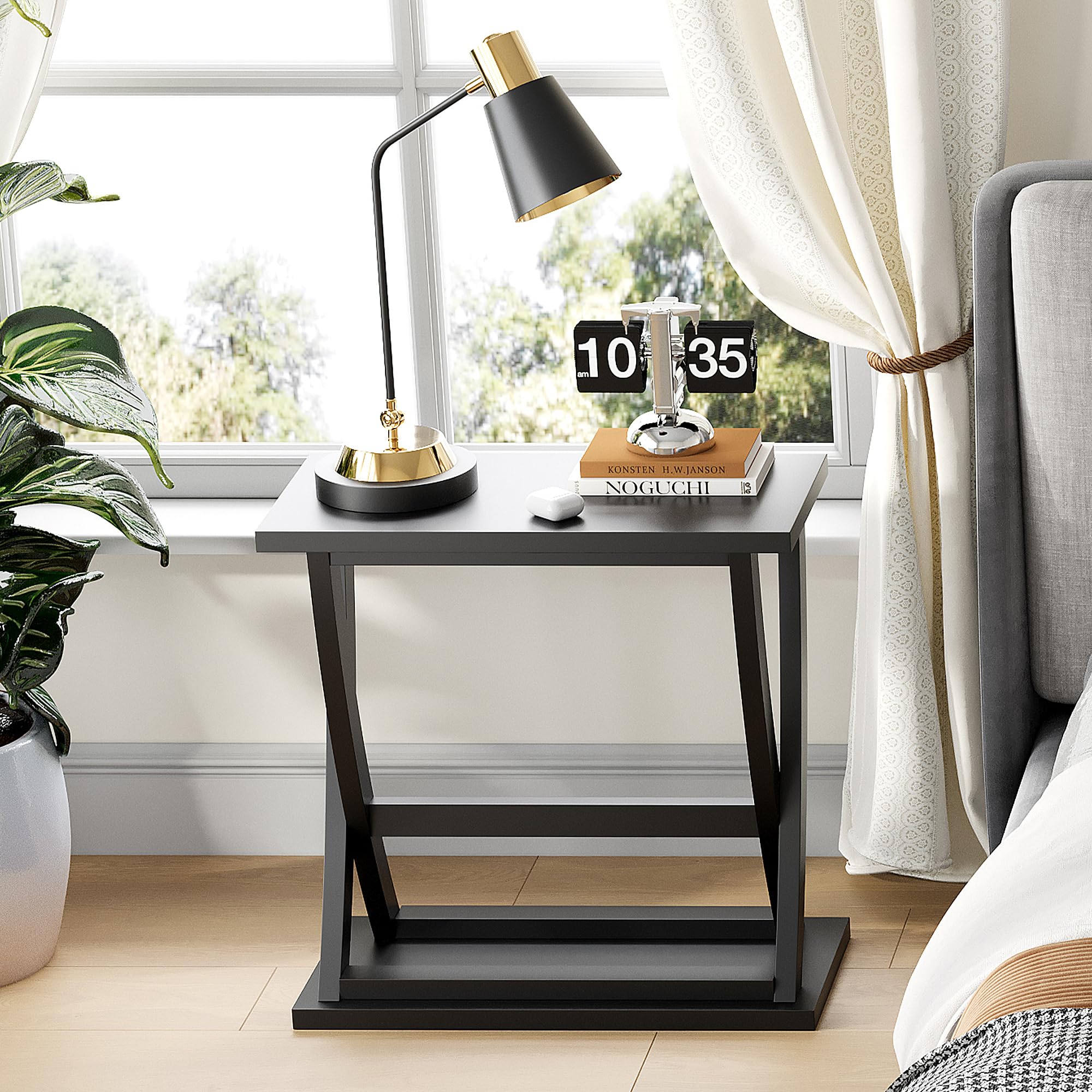 ChooChoo Black End Tables Set of 2, Narrow Side Table with Storage Shelf, Modern X-Design Slim Bedside Tables for Living Room, Bedroom, Small Spaces