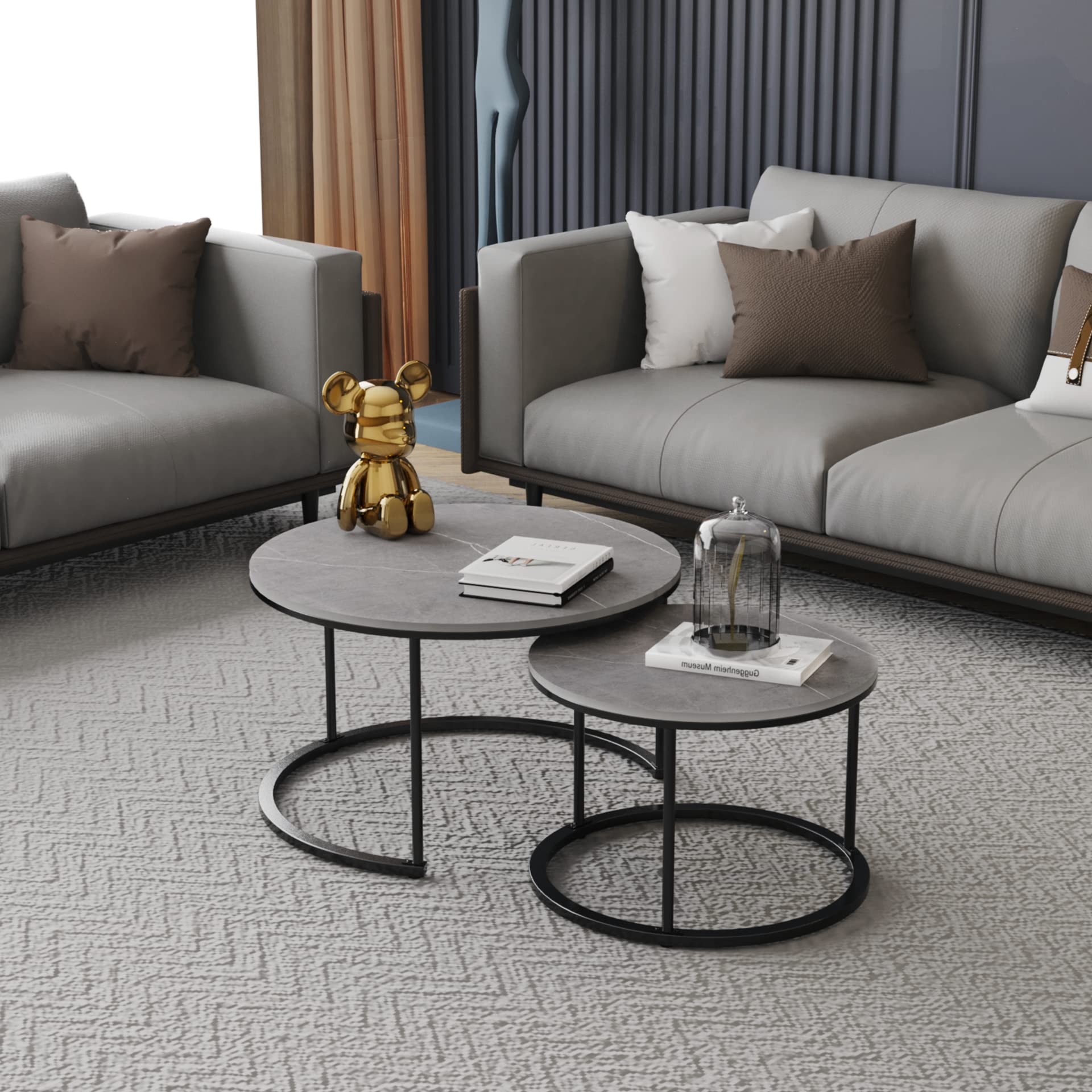 Wisfor Round Nesting Coffee Table: Set of 2 Sintered Stone Stacking Side Table with Black Metal Frame for Living Room, 31.5x17.7 (23.6x15.7)