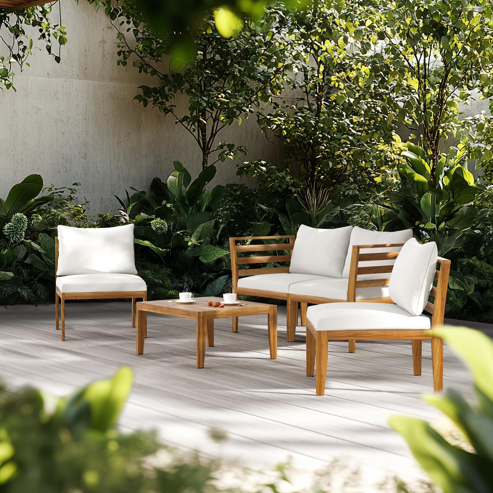 5 Piece Acacia Wood Patio Conversation Set with Waterproof Cushions