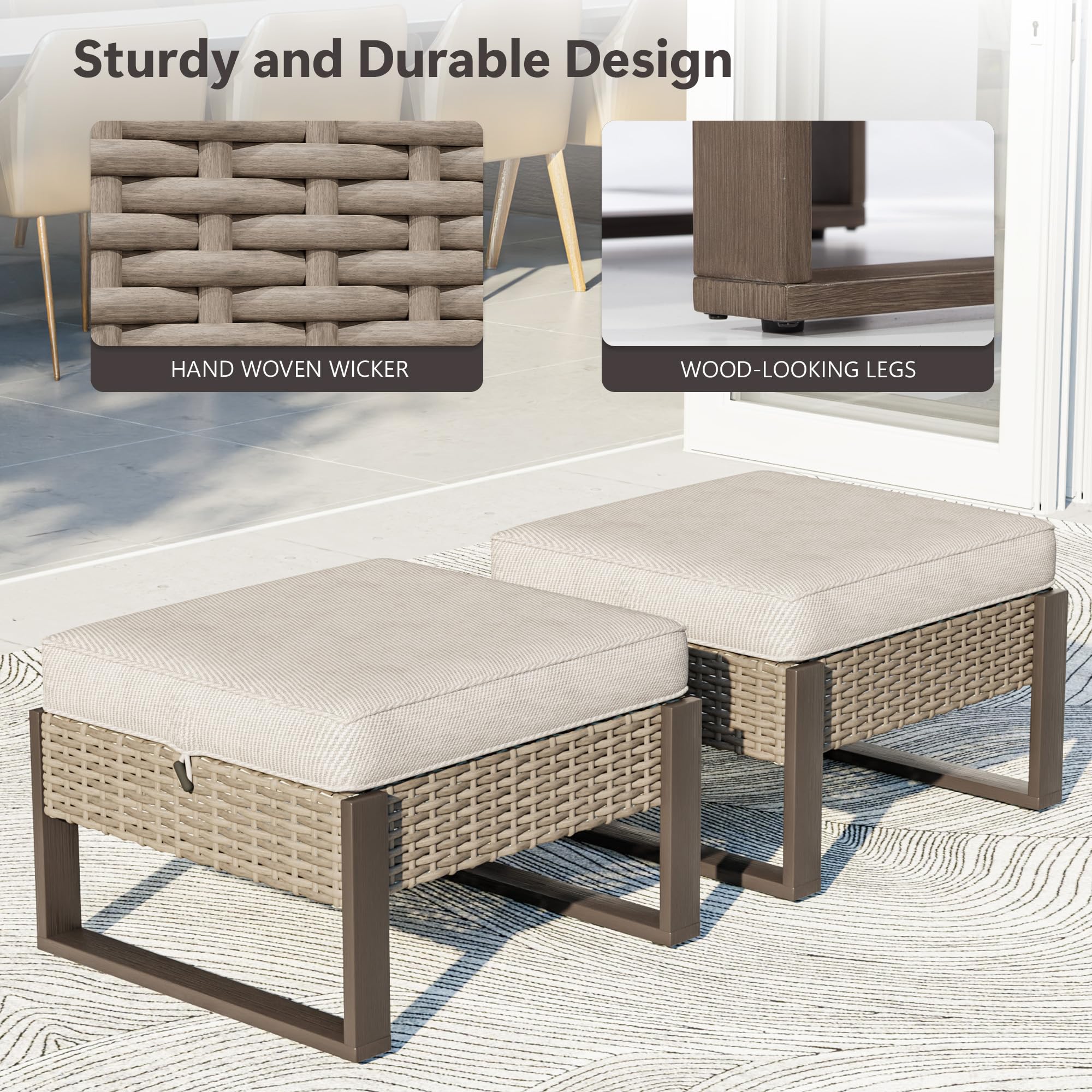 Outdoor Wicker Patio Ottomans Set of 2 with Cushions