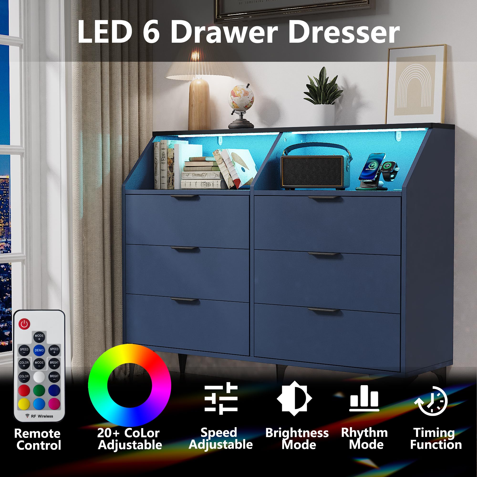 6 Drawer Dresser with LED Light and Charging Station