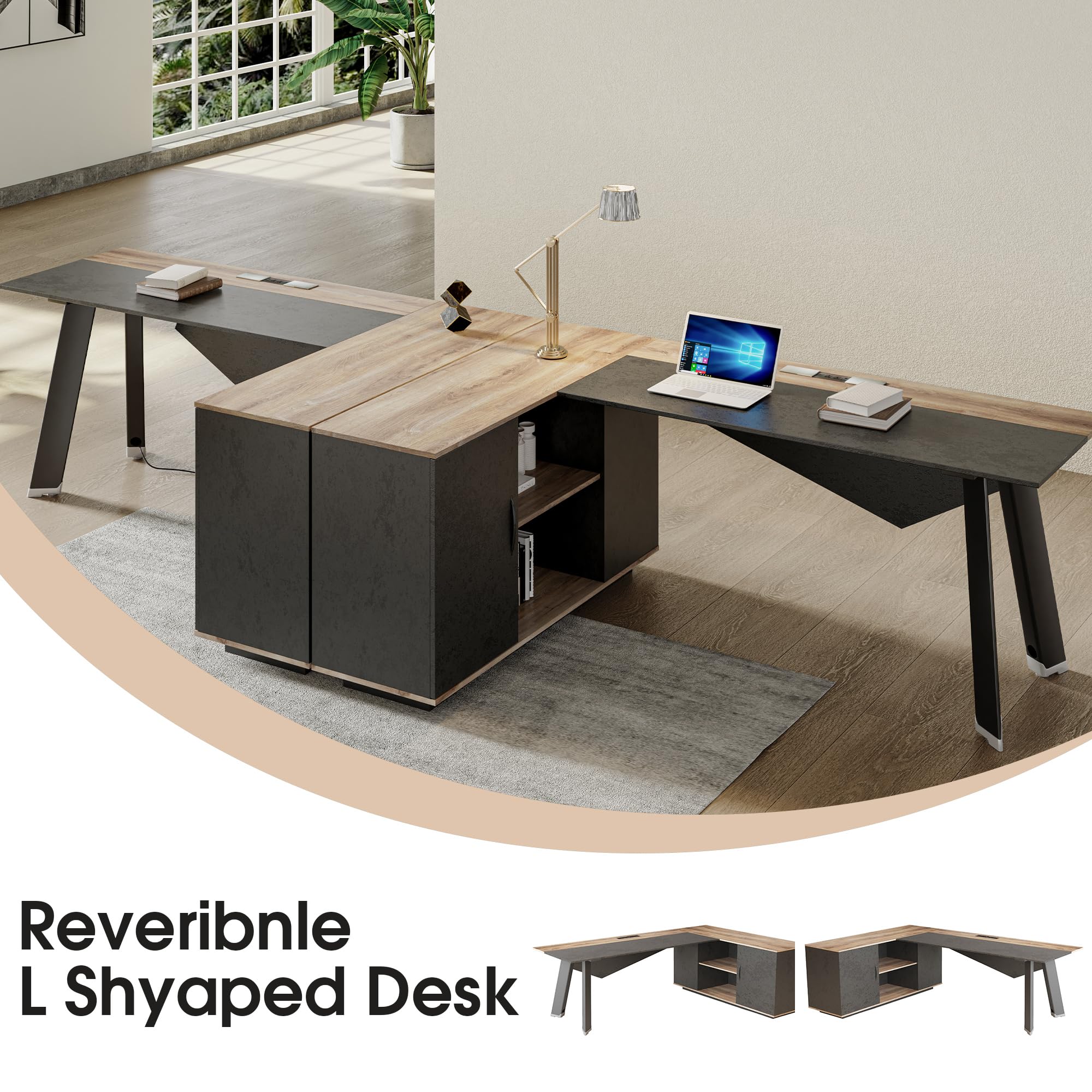 63-Inch L-Shaped Executive Desk with File Cabinet and Storage