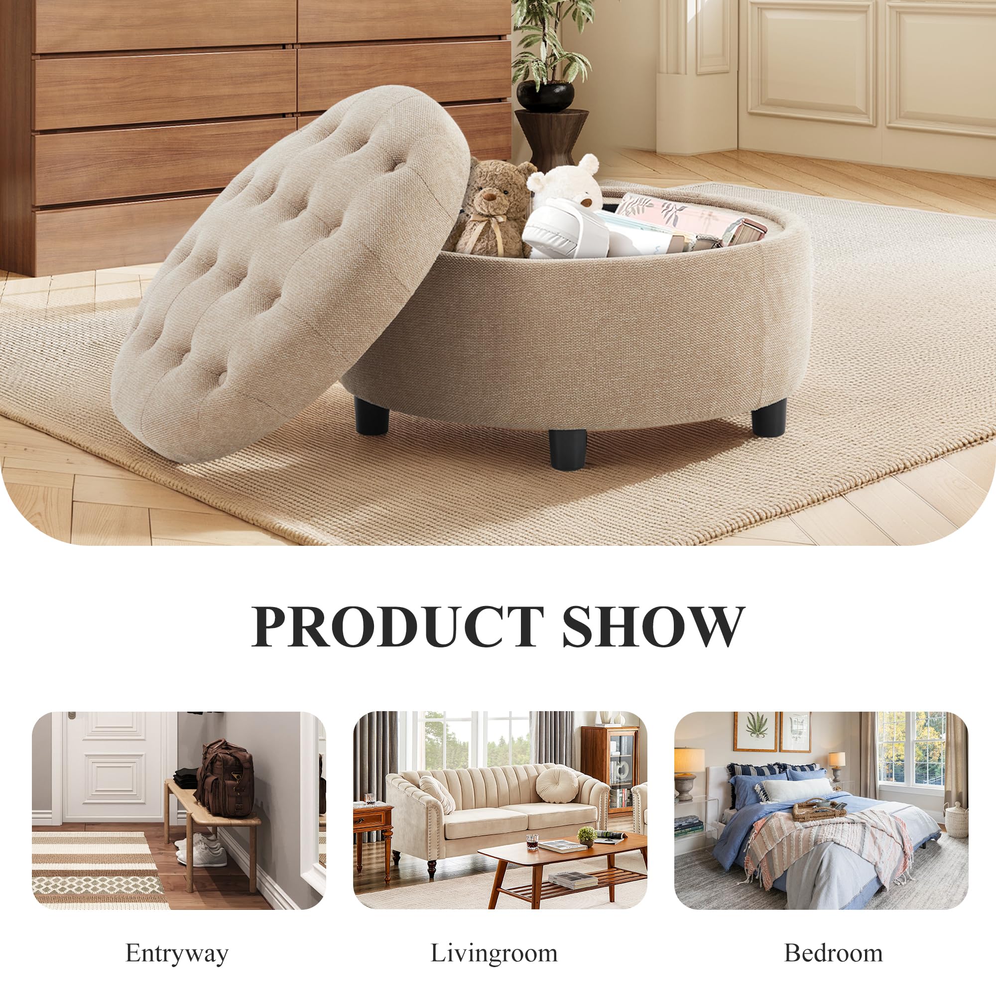 Round Storage Ottoman with Reversible Tray Lid