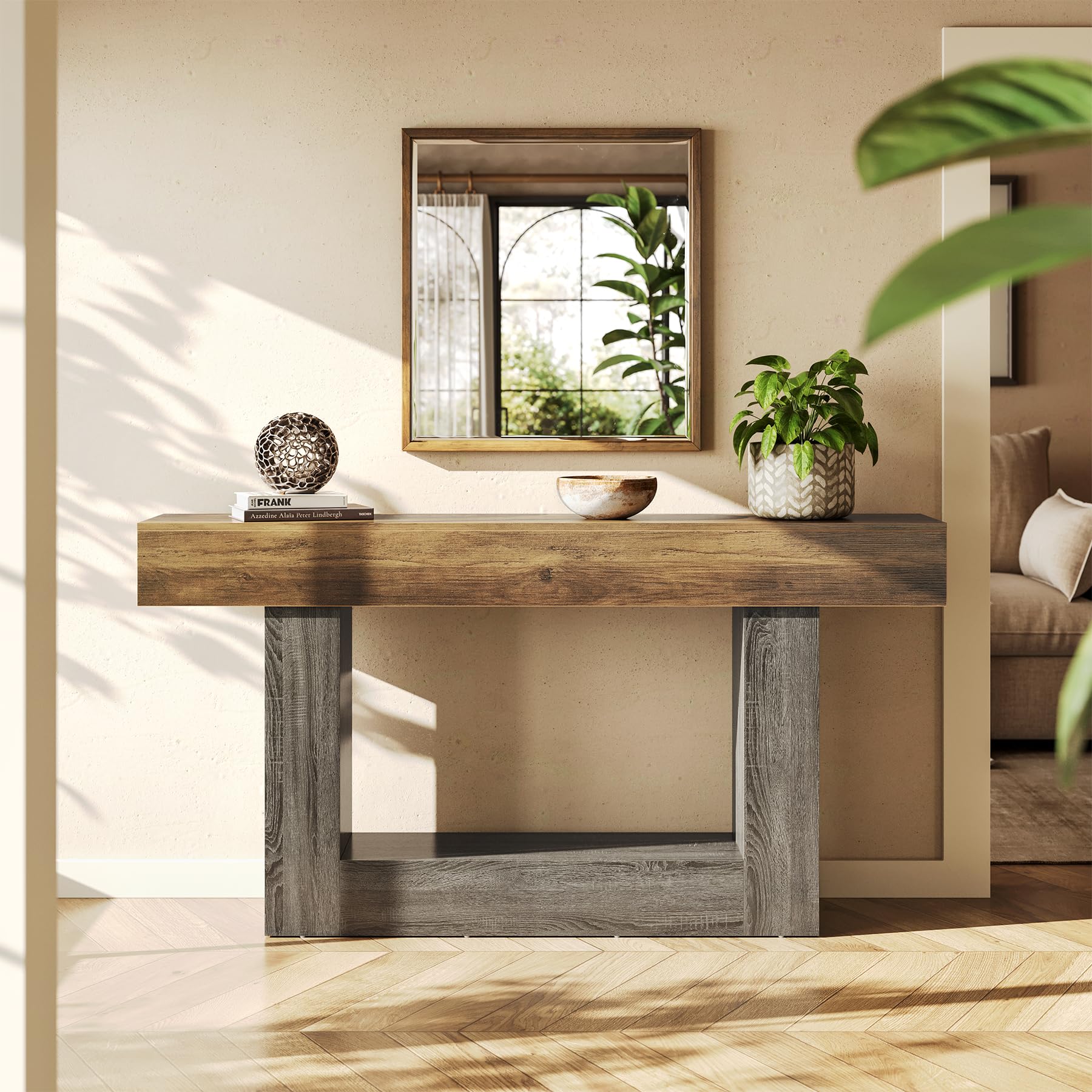 63 Inch 2-Tier Farmhouse Console Table with Heavy Duty Base