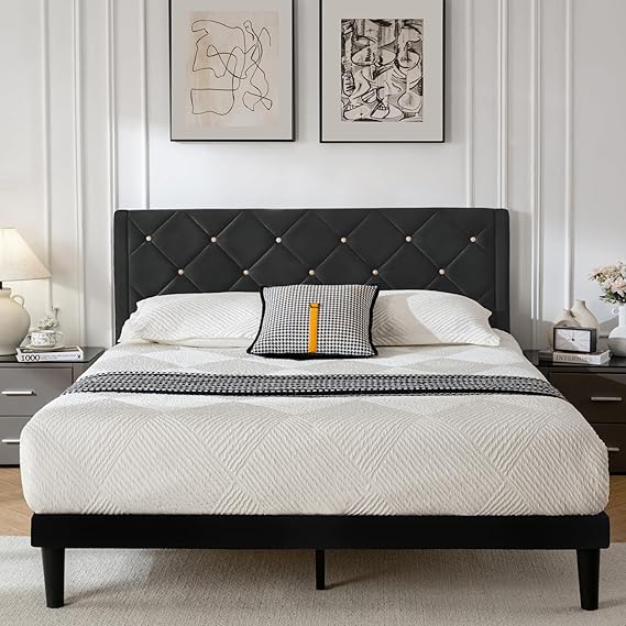 Queen Platform Bed Frame with Velvet Upholstered Headboard