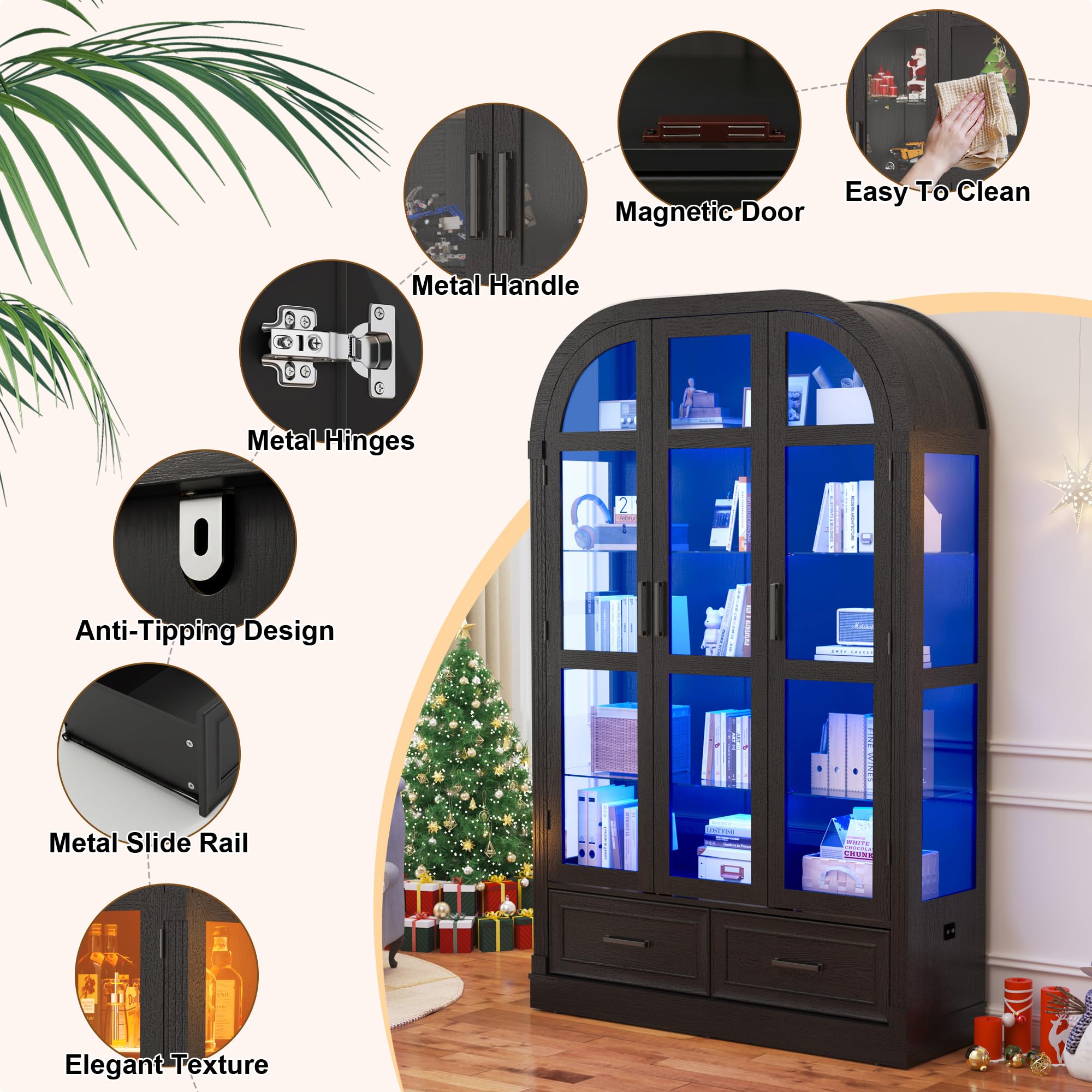 3-Door Glass Display Cabinet with LED Lights