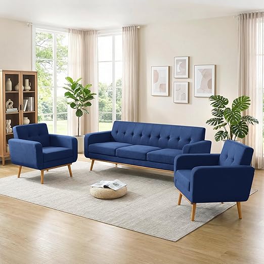 Button Tufted Living Room Set - 3 Piece Upholstered Sofa Collection