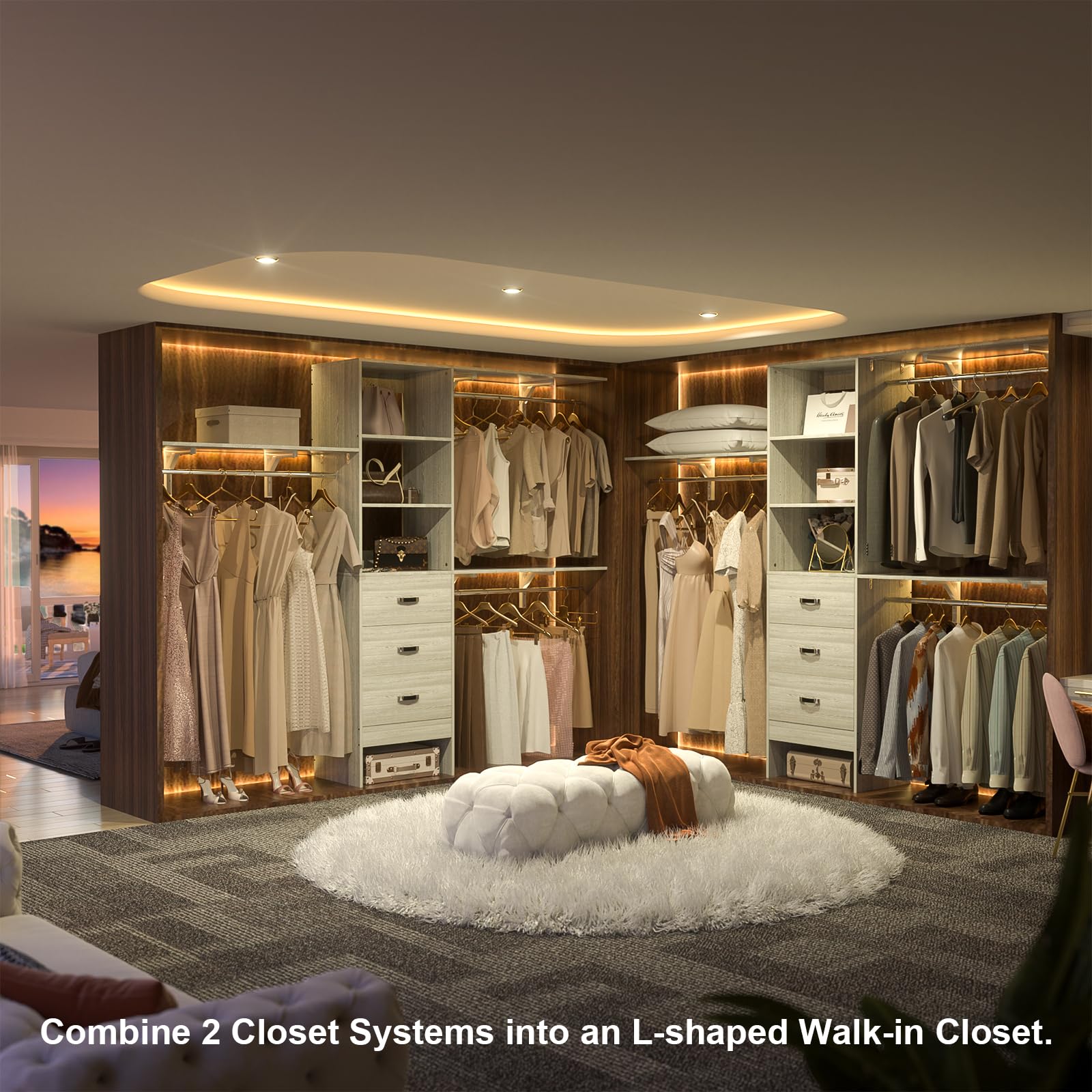 96 Inch Walk-In Closet Organizer System with 3 Shelving Towers and Drawers
