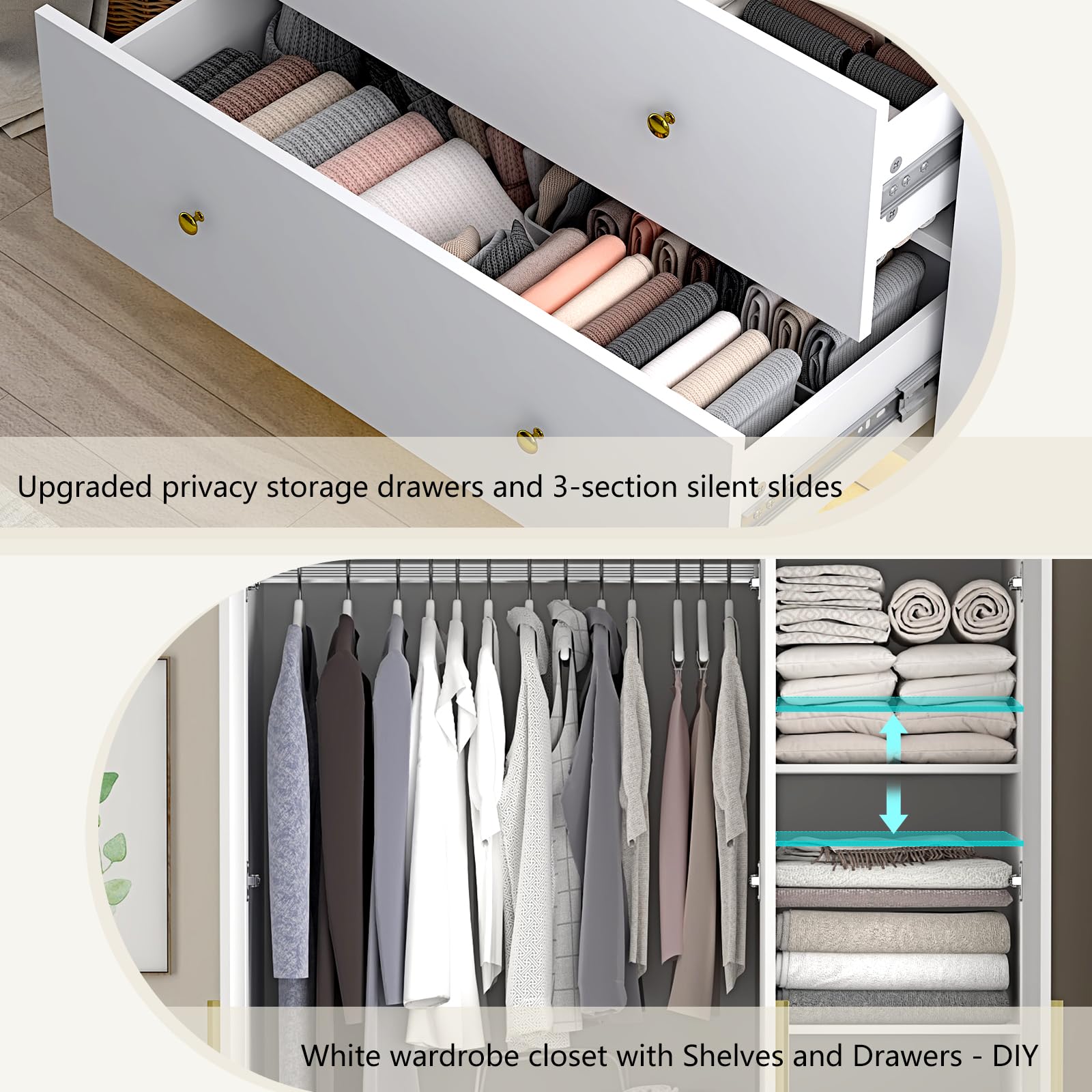 3 Door Wardrobe Closet with Mirror LED Lights Drawers Shelves