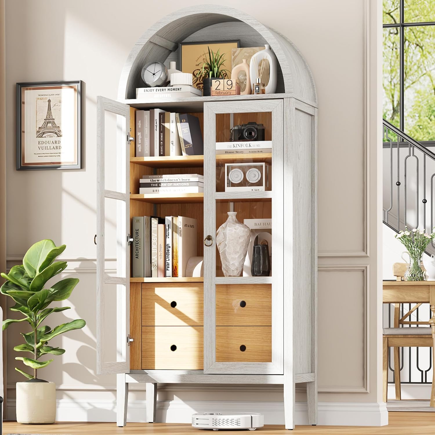 Tall Arched Storage Cabinet with Glass Doors