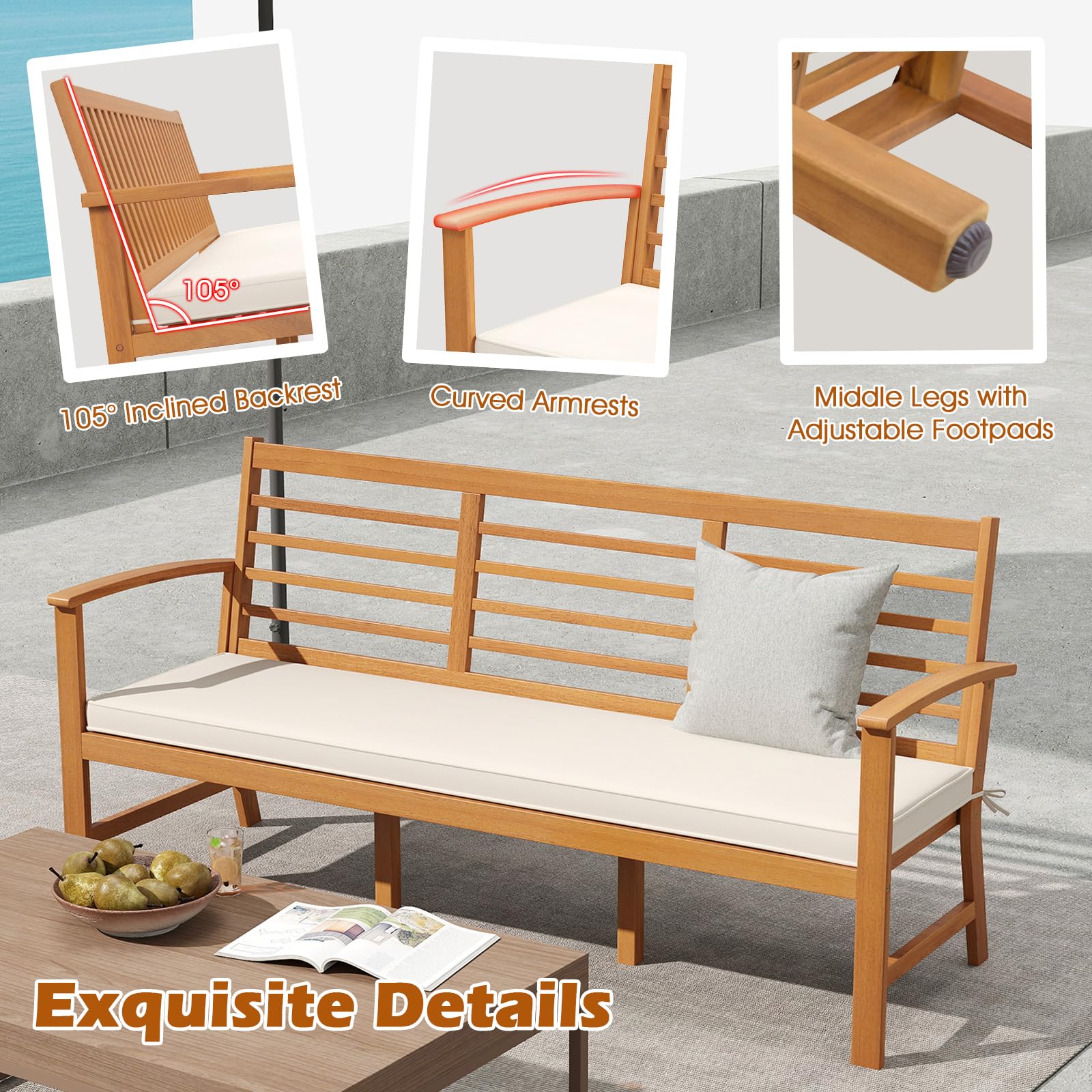 3-Seat Acacia Wood Outdoor Bench with Cushion