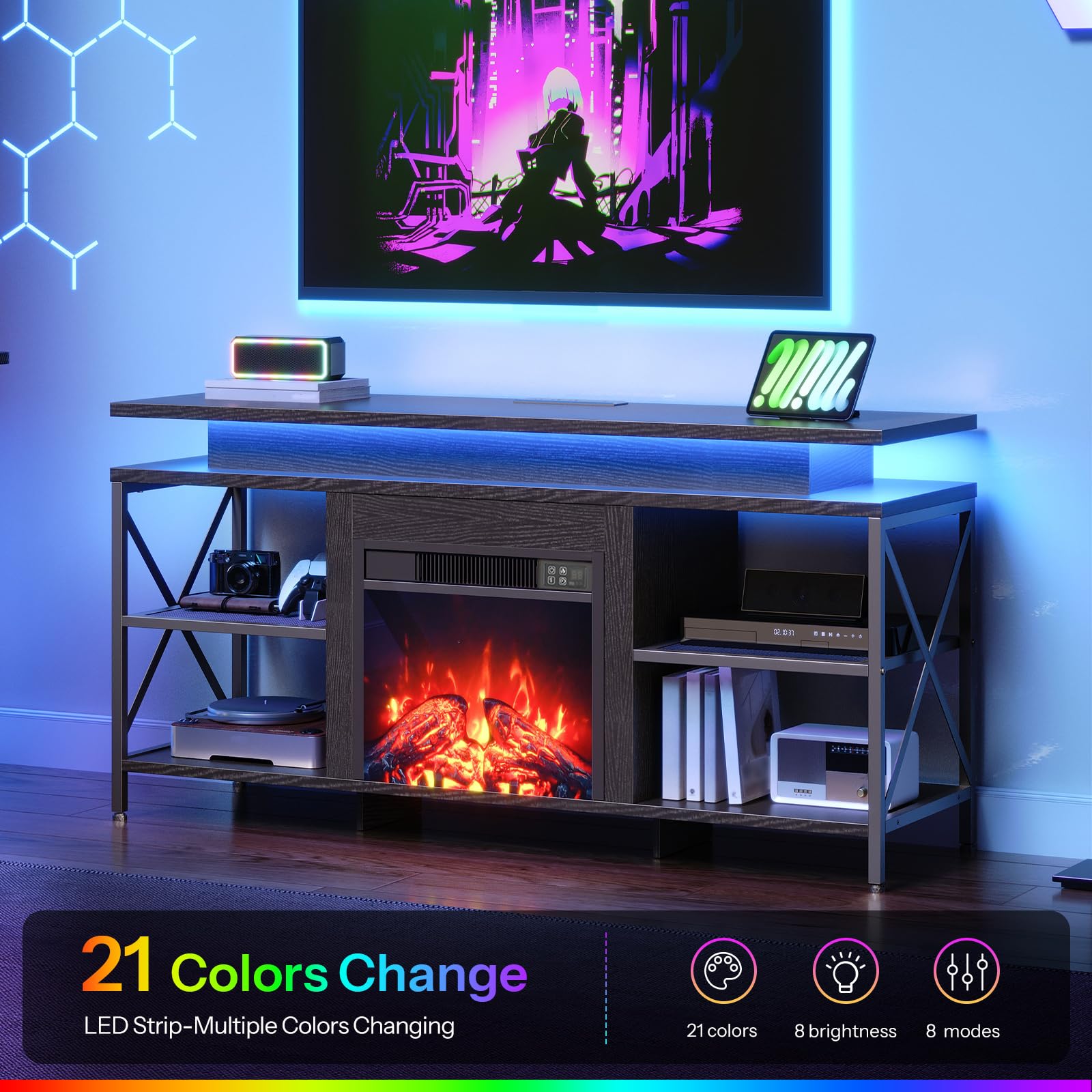Fireplace TV Stand with LED Lights for 65 Inch TVs