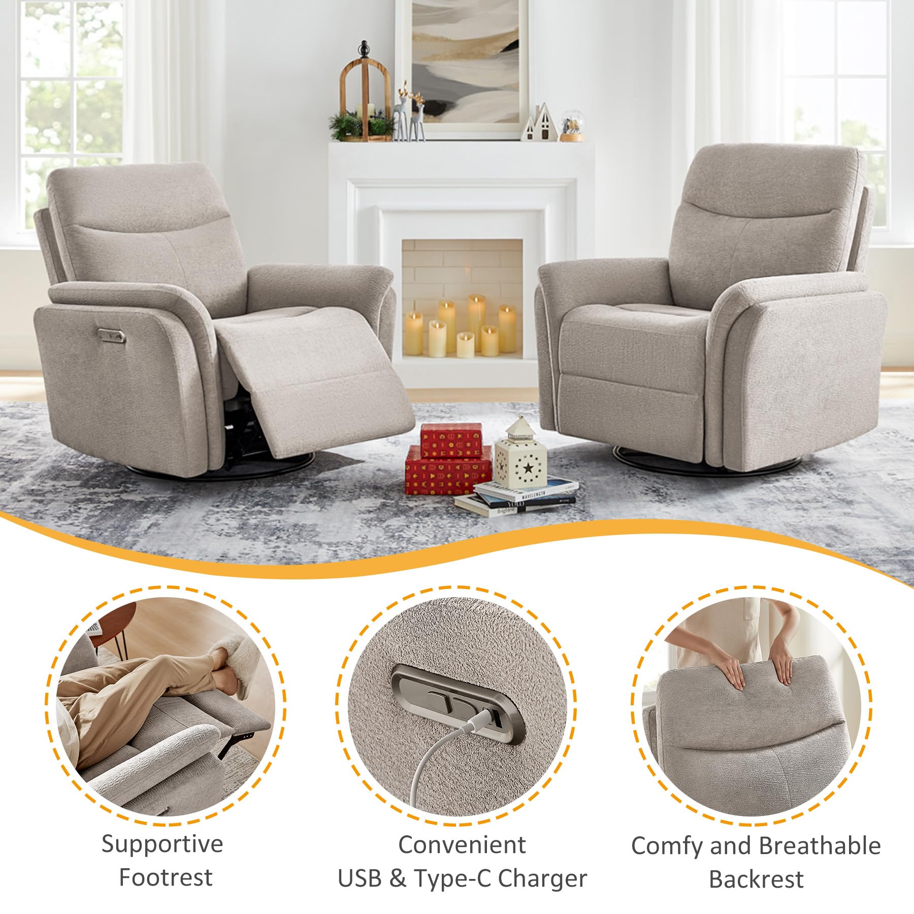Power Recliner Chair Swivel Glider with USB Charging Ports