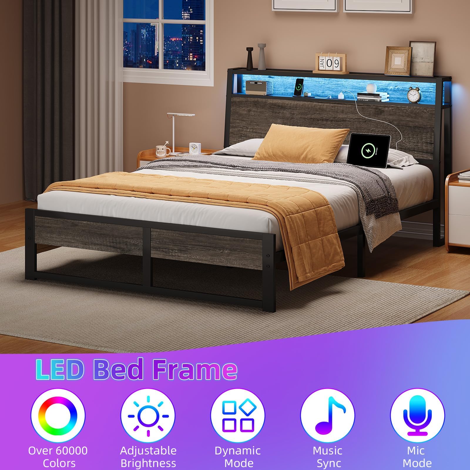 Twin Metal Bed Frame with LED Lights and Charging Station