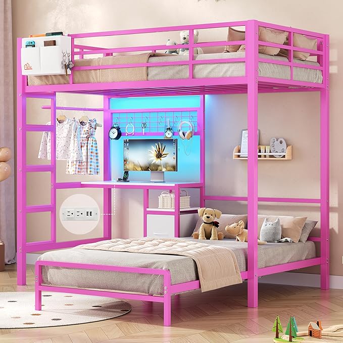 L-Shaped Twin Over Twin Bunk Bed with Desk and LED Lights