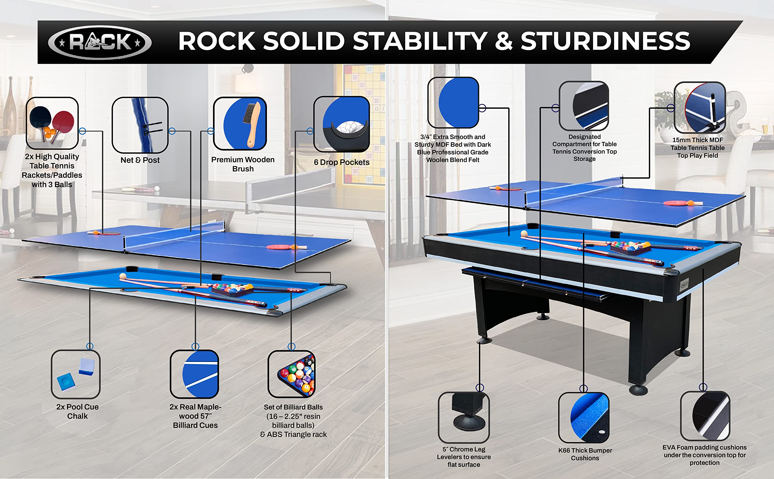 7-Foot Multi Game Billiard Pool Table with Table Tennis