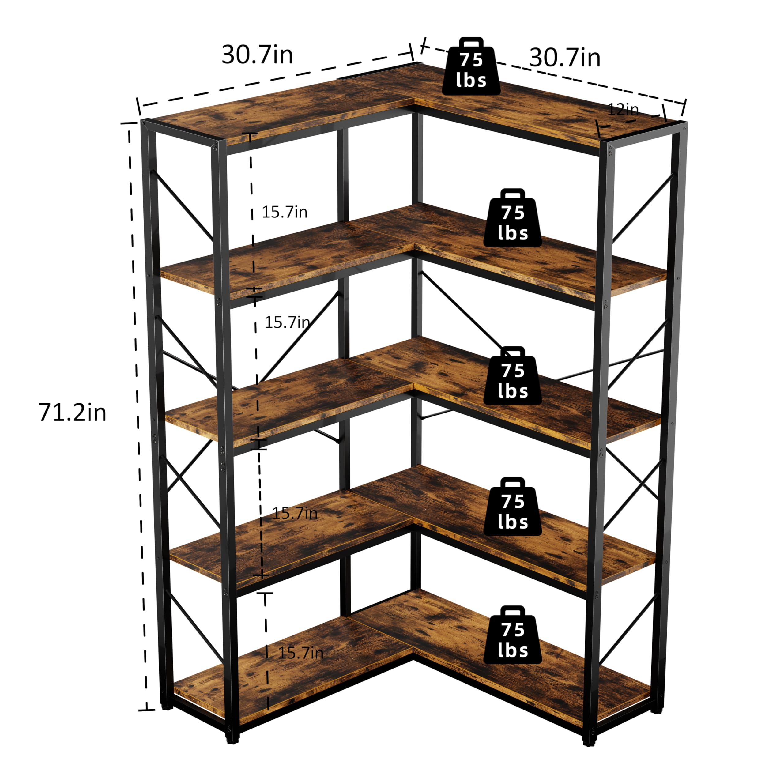 5 Tier L-Shaped Corner Bookshelf