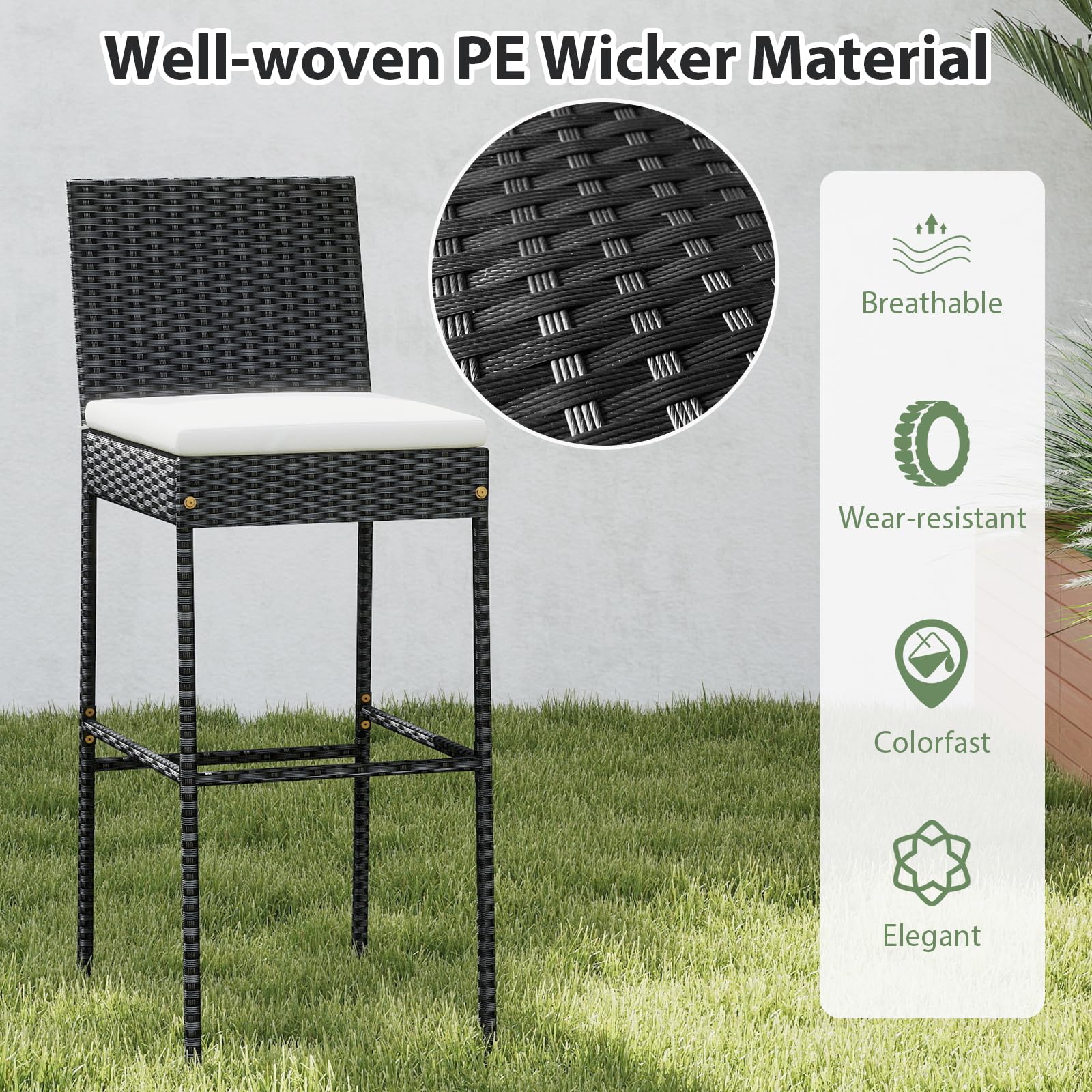 Tangkula Set of 4 Patio Wicker Barstools, Outdoor Bar Height Chair w/Soft Seat Cushion & Cozy Footrest, Heavy-Duty Metal Frame, 400 lbs Max Load, Mix Brown Rattan Bar Chair