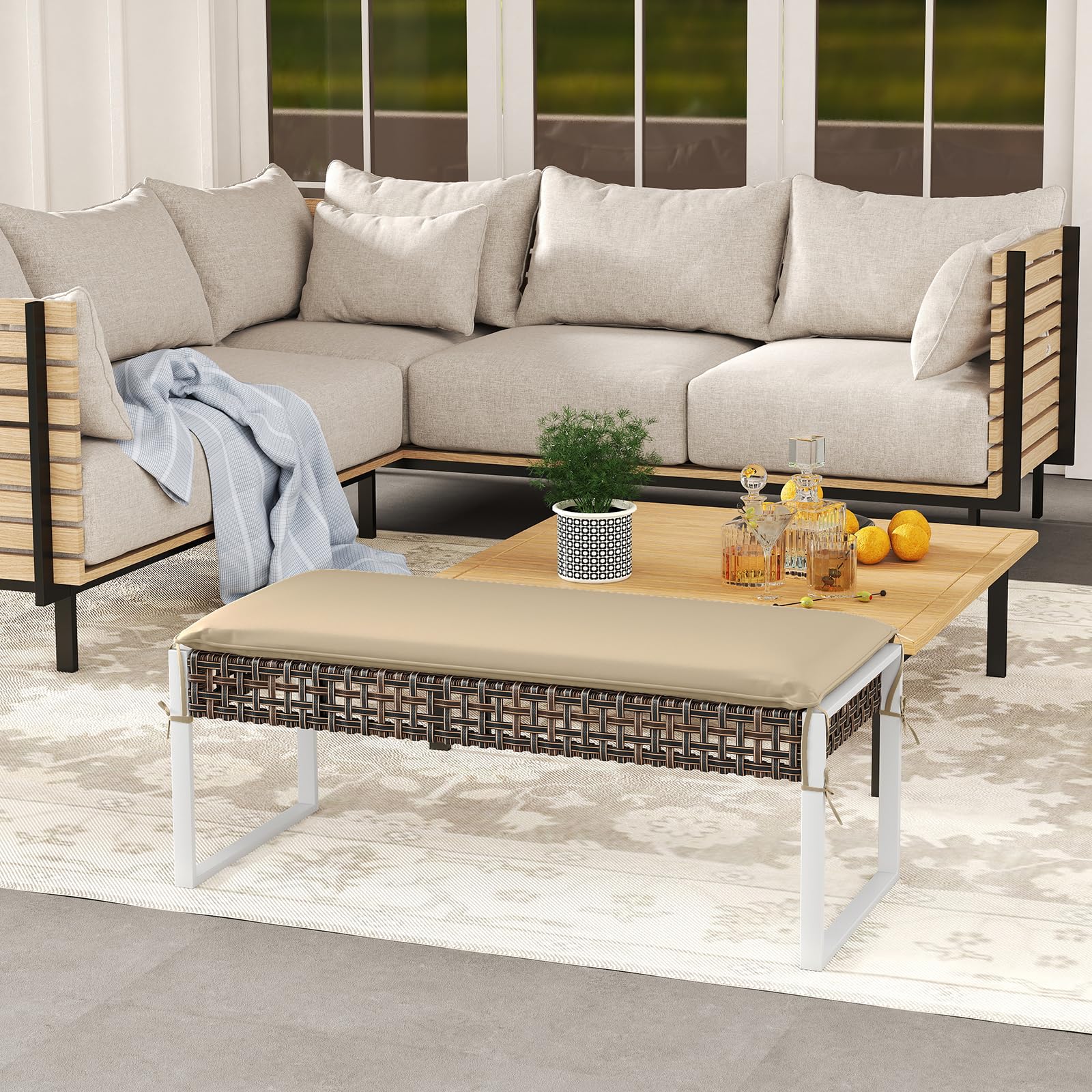 Outdoor Rattan Ottoman Bench with Cushion