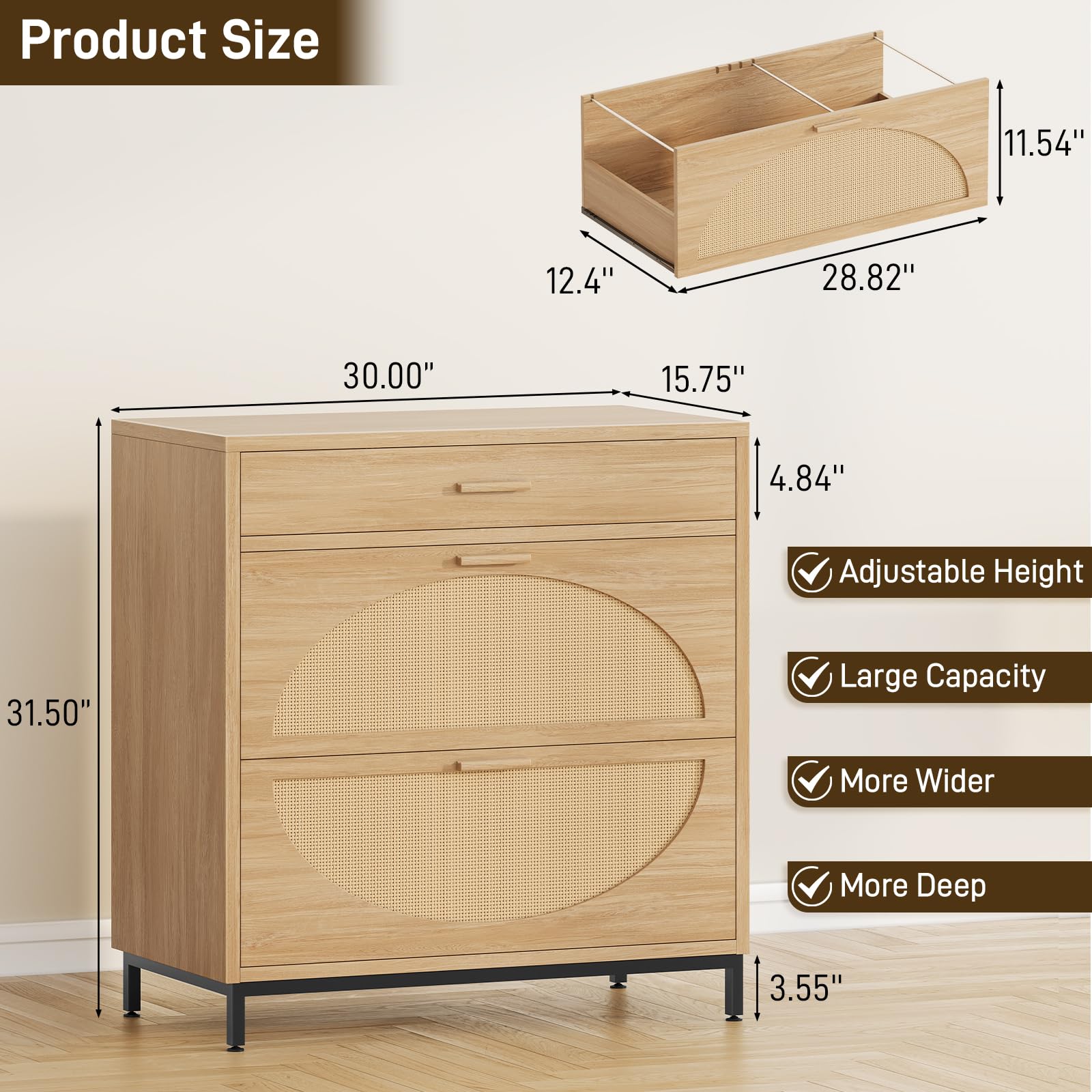 Halitaa Lateral File Cabinet with 3 Drawers, Eco Rattan Wood File Cabinet for Home Office, Large Filing Storage Cabinets Printer Stand for Letter/Legal/A4 Size Hanging File