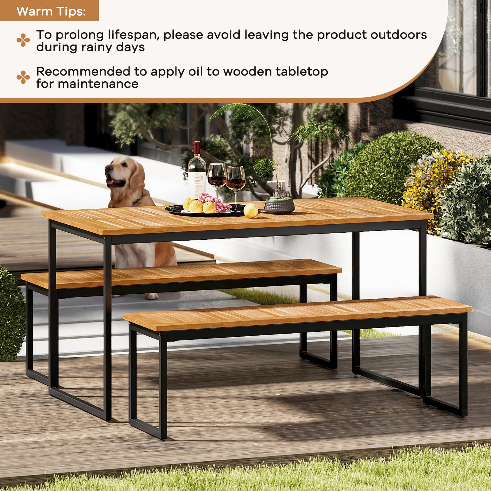 Acacia Wood Outdoor Dining Bench Set of 2 with Metal Legs