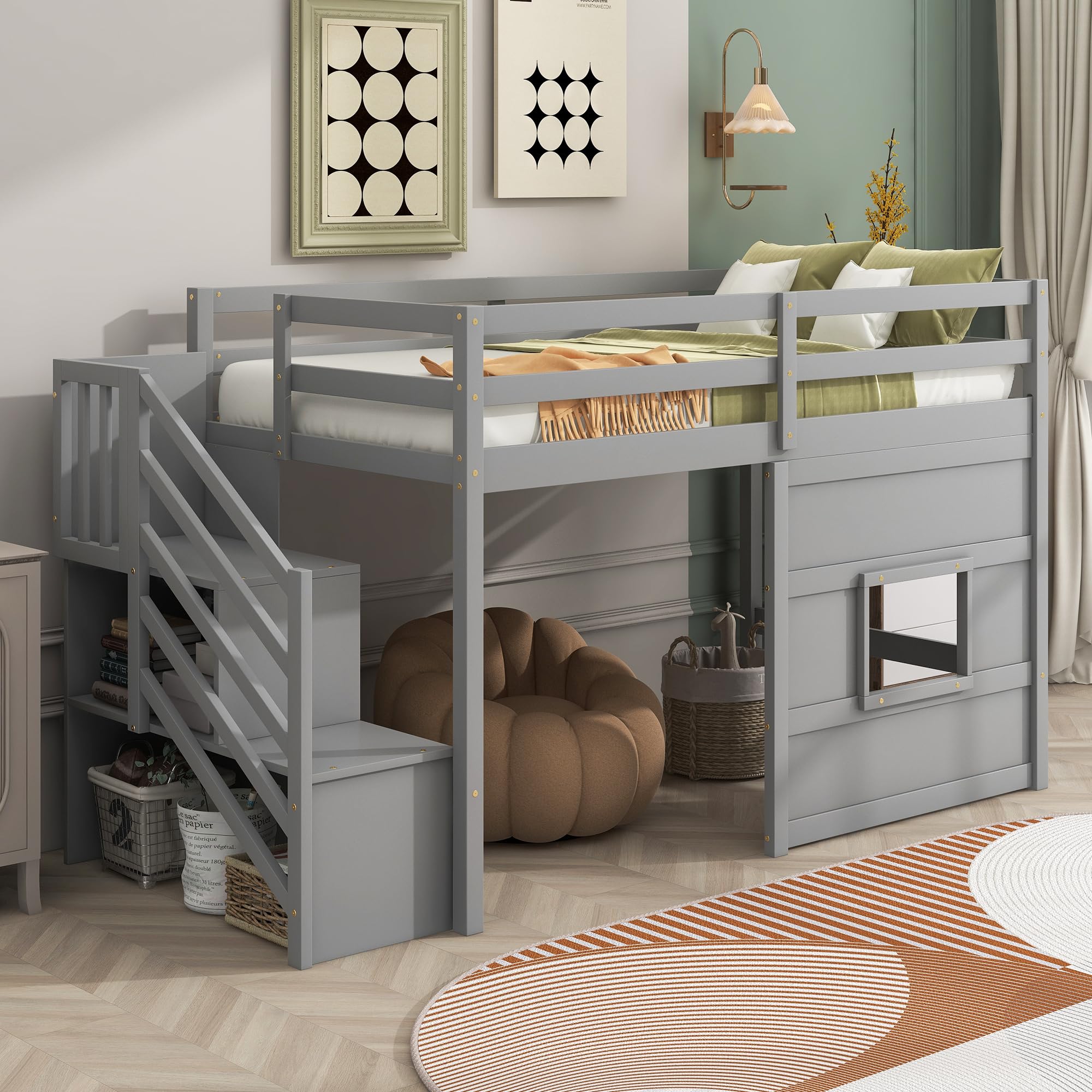 Twin Loft Bed with Storage Staircase and Underbed Space