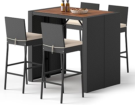 7-Piece Outdoor Bar Set with Acacia Wood Table and Wicker Stools