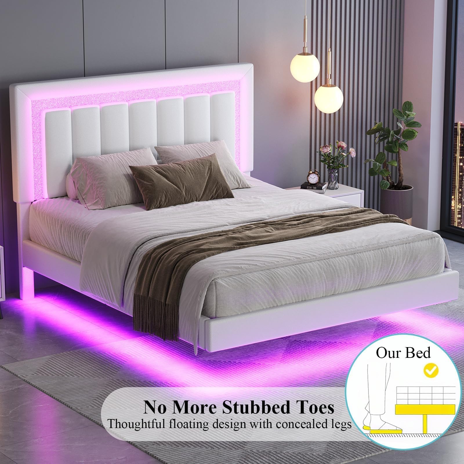 Floating Queen Bed Frame with LED Lights