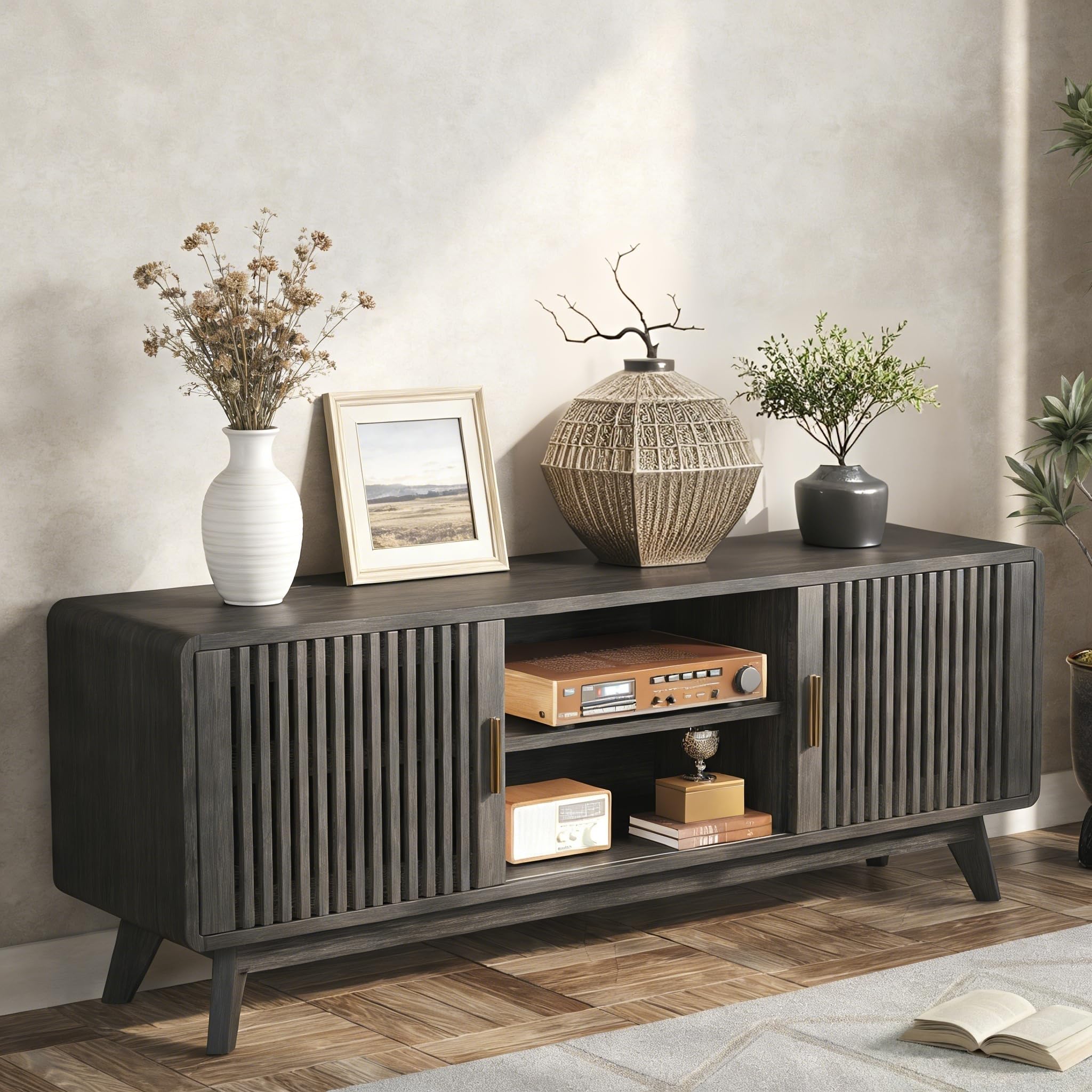 63" TV Stand with Sliding Doors and Charging Station