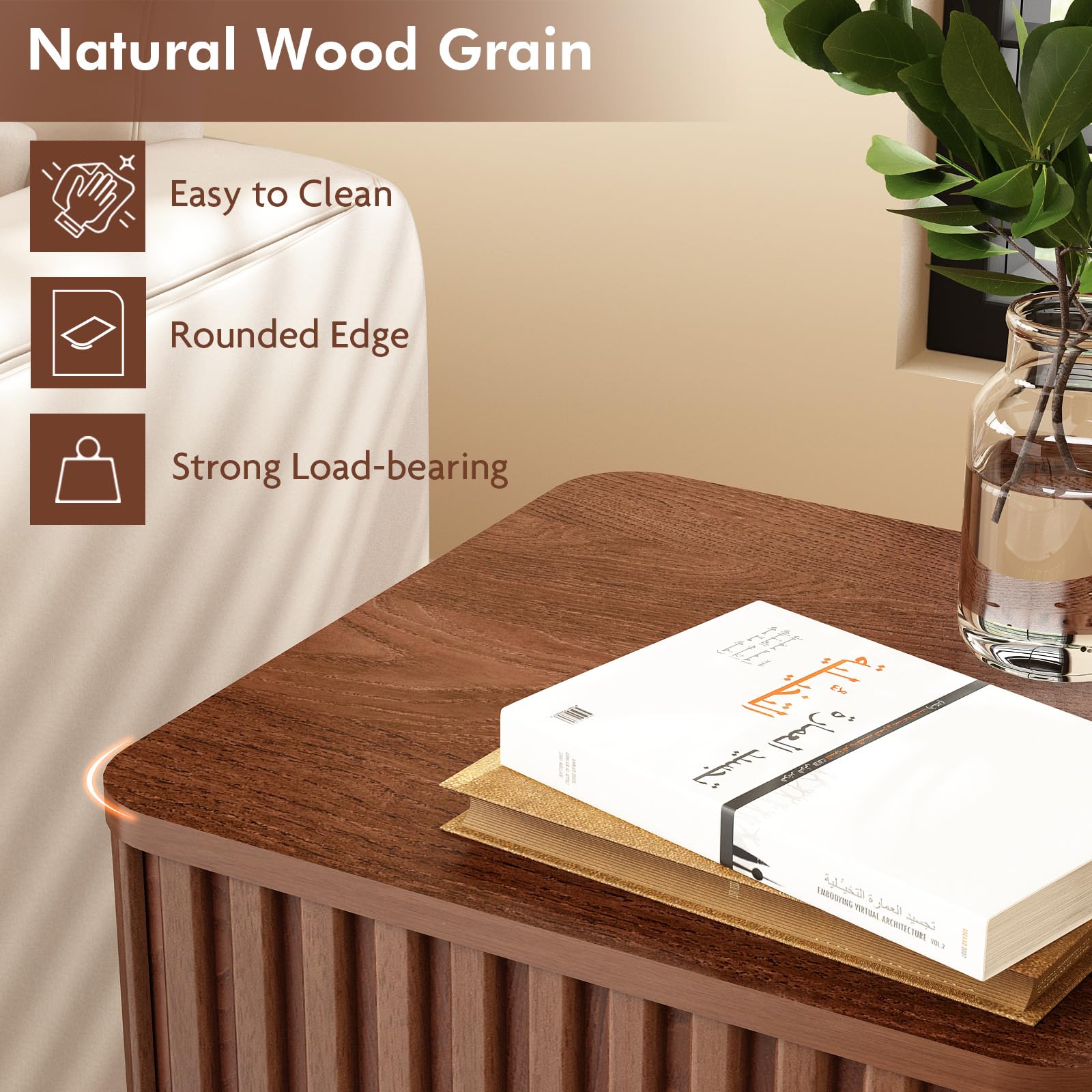 Set of 2 Fluted Side Table with Storage-Small Square End Table with Solid Wood Veneer Top, Accent Table Modern Farmhouse Pedestal Drink Table for Couch Sofa Living Room, Rustic Brown