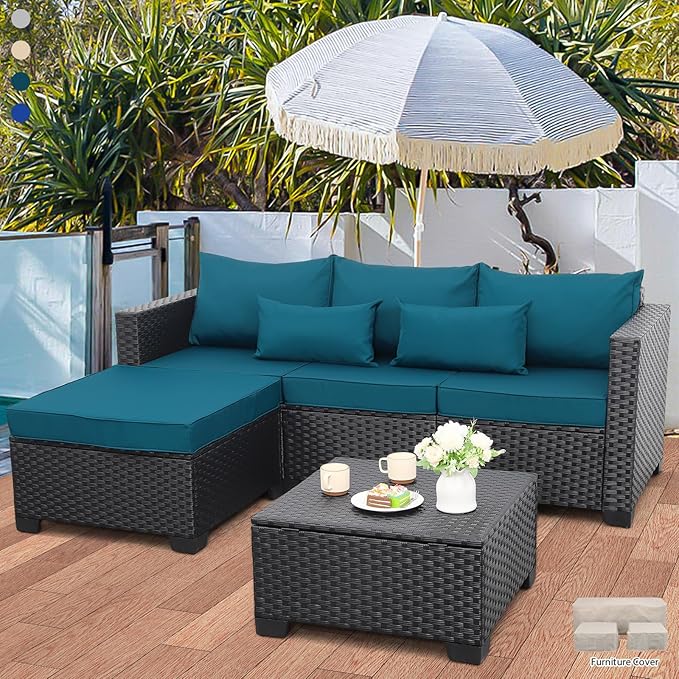 Outdoor Wicker Patio Furniture Set with Ottoman and Storage Table