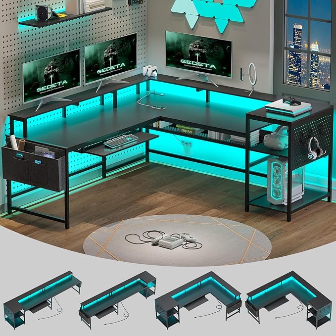 L-Shaped Gaming Desk with Power Outlets and LED Strip
