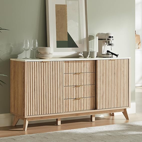 Fluted Buffet Cabinet with Faux Marble Top