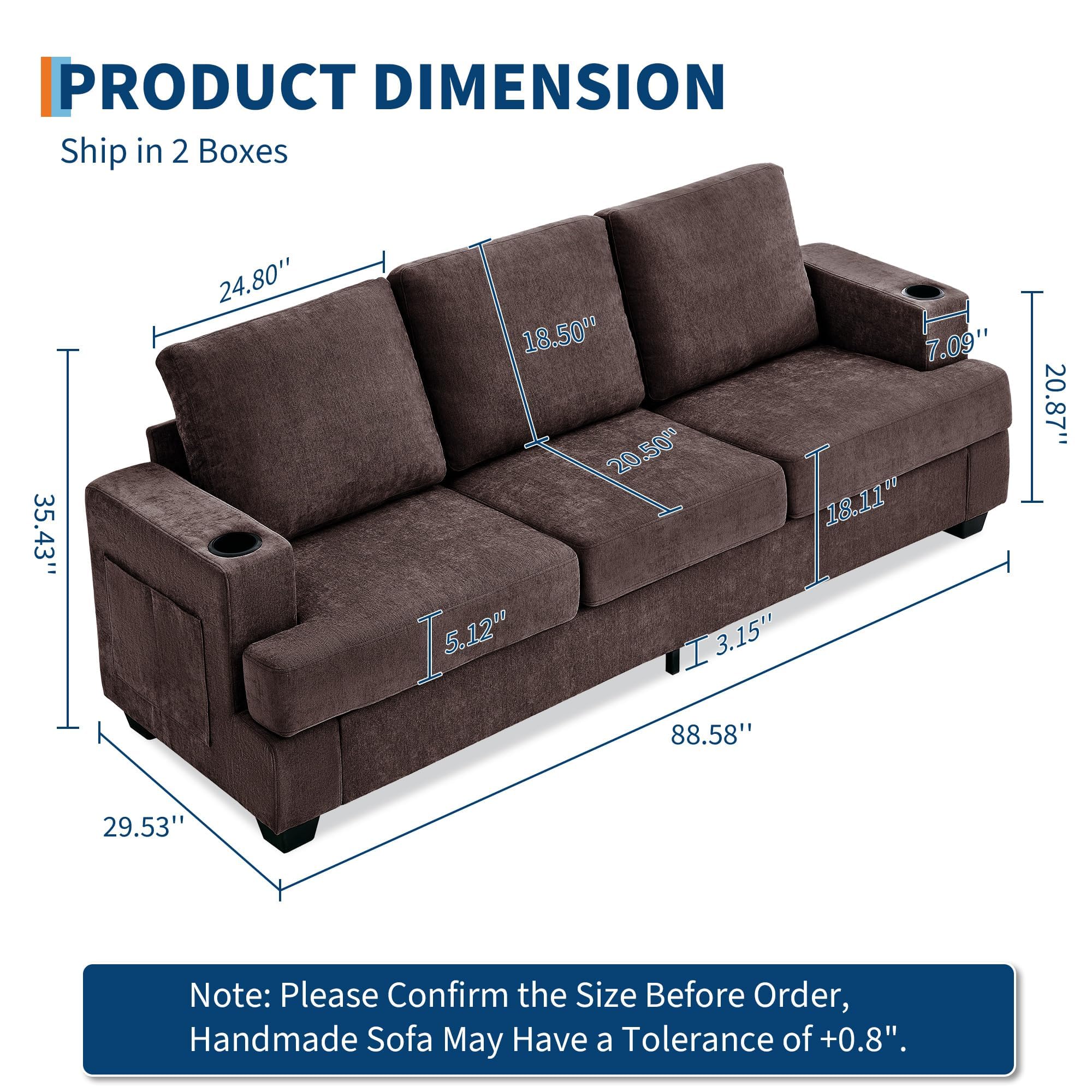89-Inch 3-Seater Chenille Sofa with Cup Holders