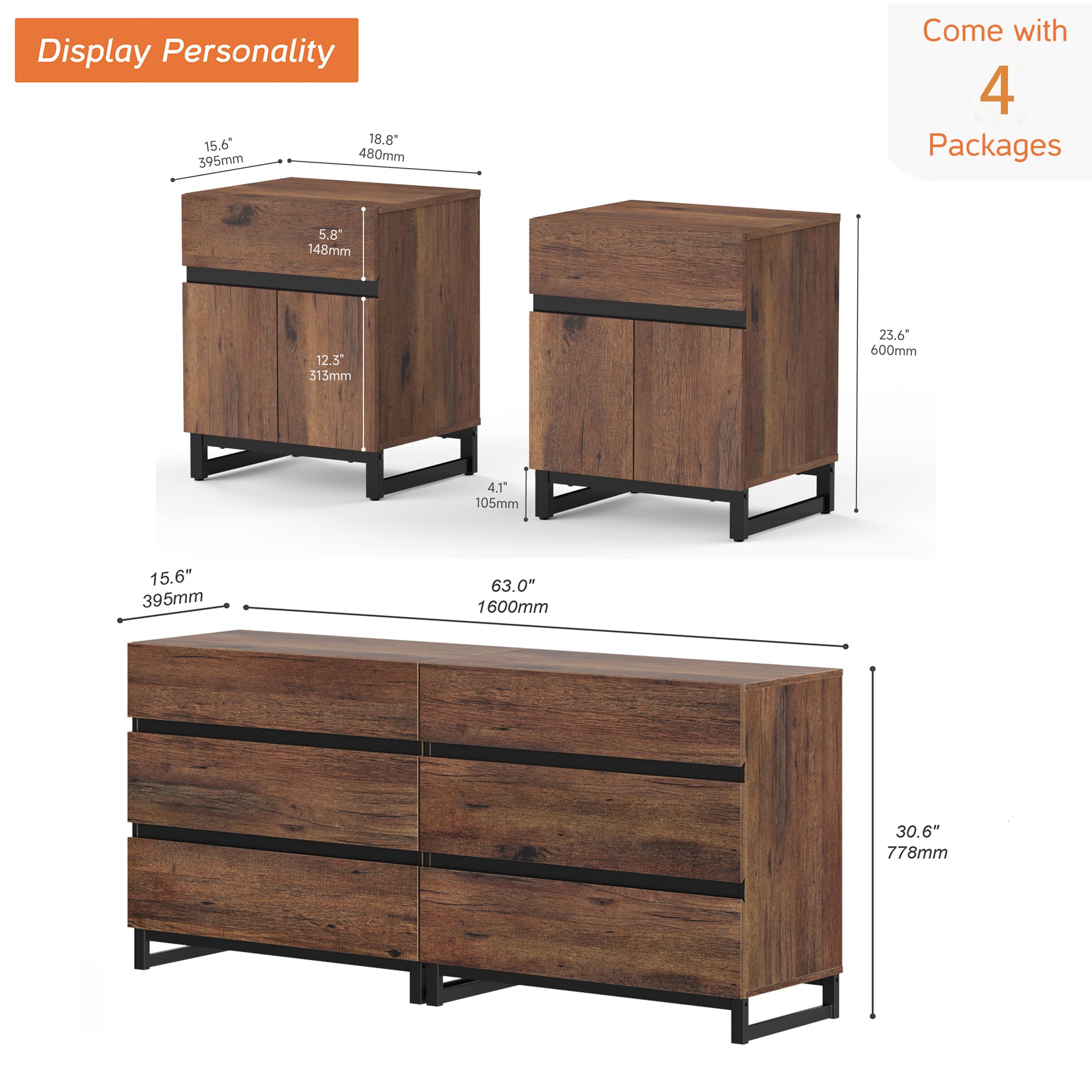 3-Piece Bedroom Furniture Set with 6-Drawer Dresser and 2 Nightstands