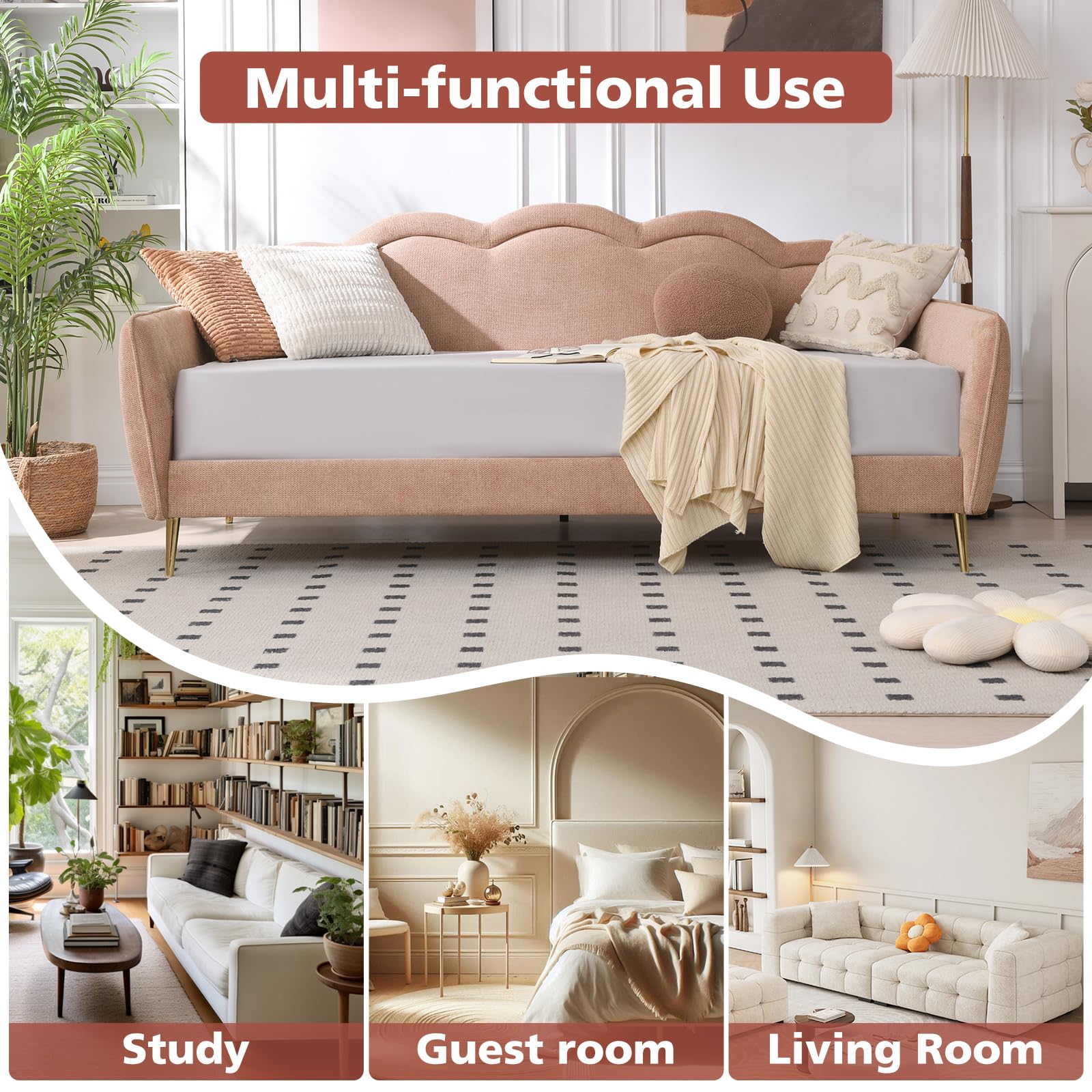 Twin Size Upholstered Daybed with Cloud-Shaped Backrest