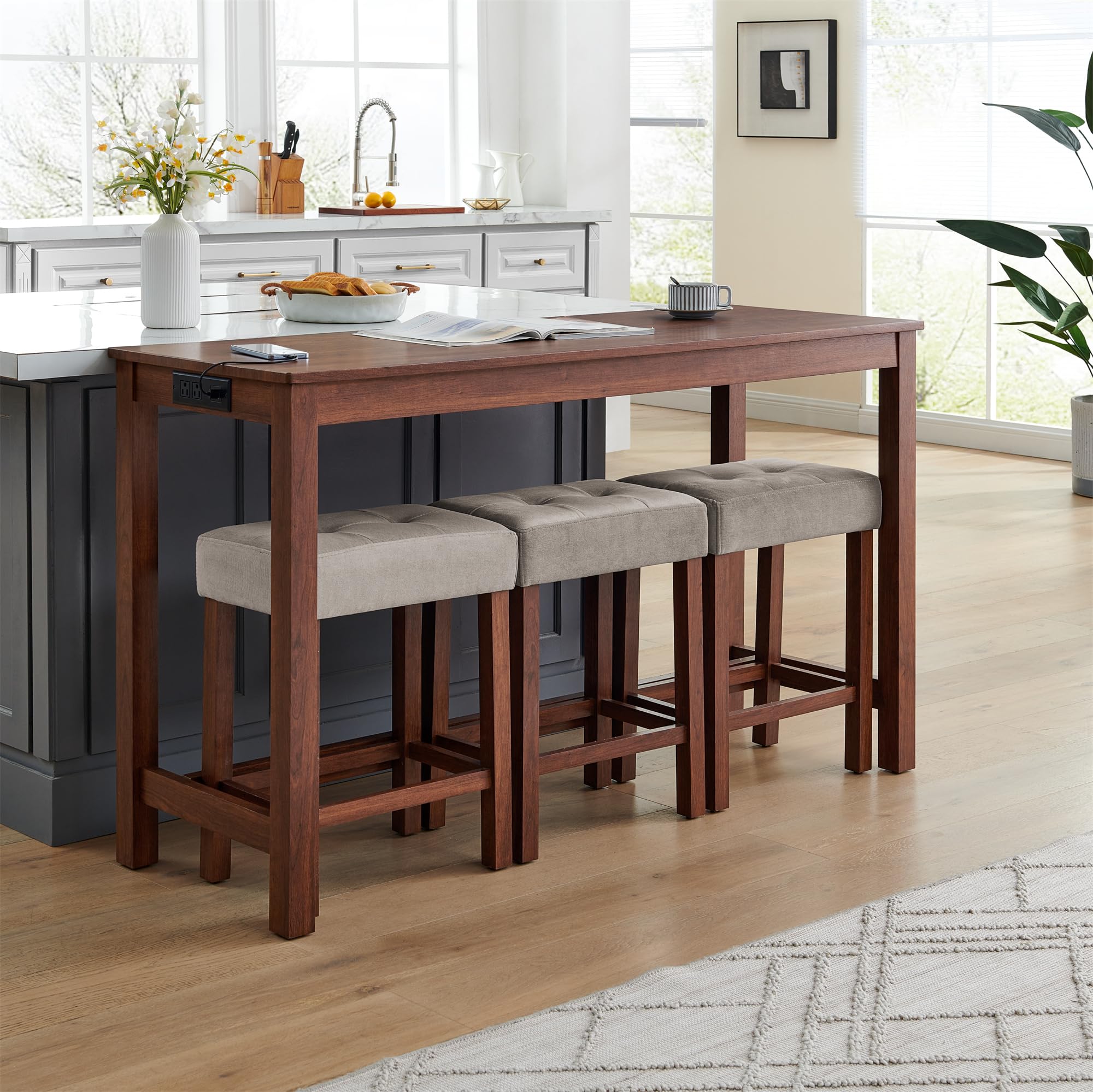 Industrial 3-Person Counter Height Bar Table Set with Power Outlet