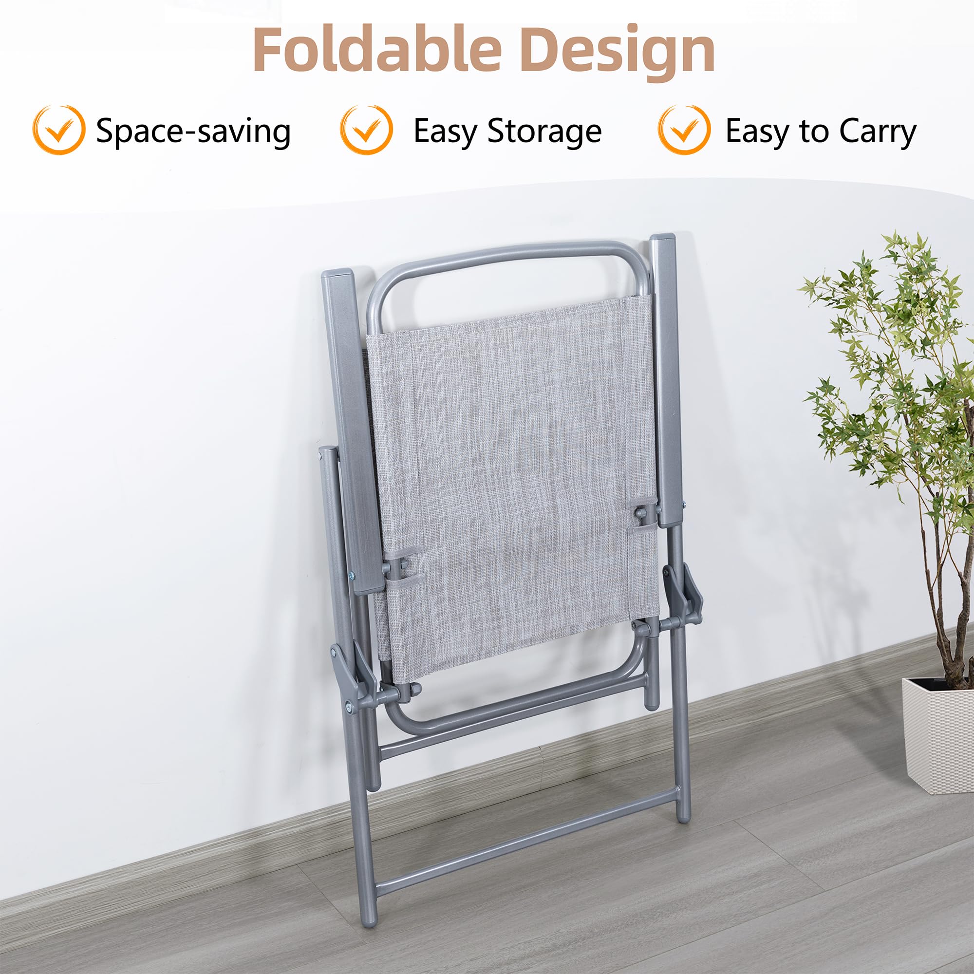 Vongrasig 6 Pieces Folding Patio Dining Set, All Weather Small Metal Outdoor Table and Chair Set, Garden Patio Furniture Set w/Umbrella, Glass Table & 4 Folding Chairs for Lawn, Backyard, Silver