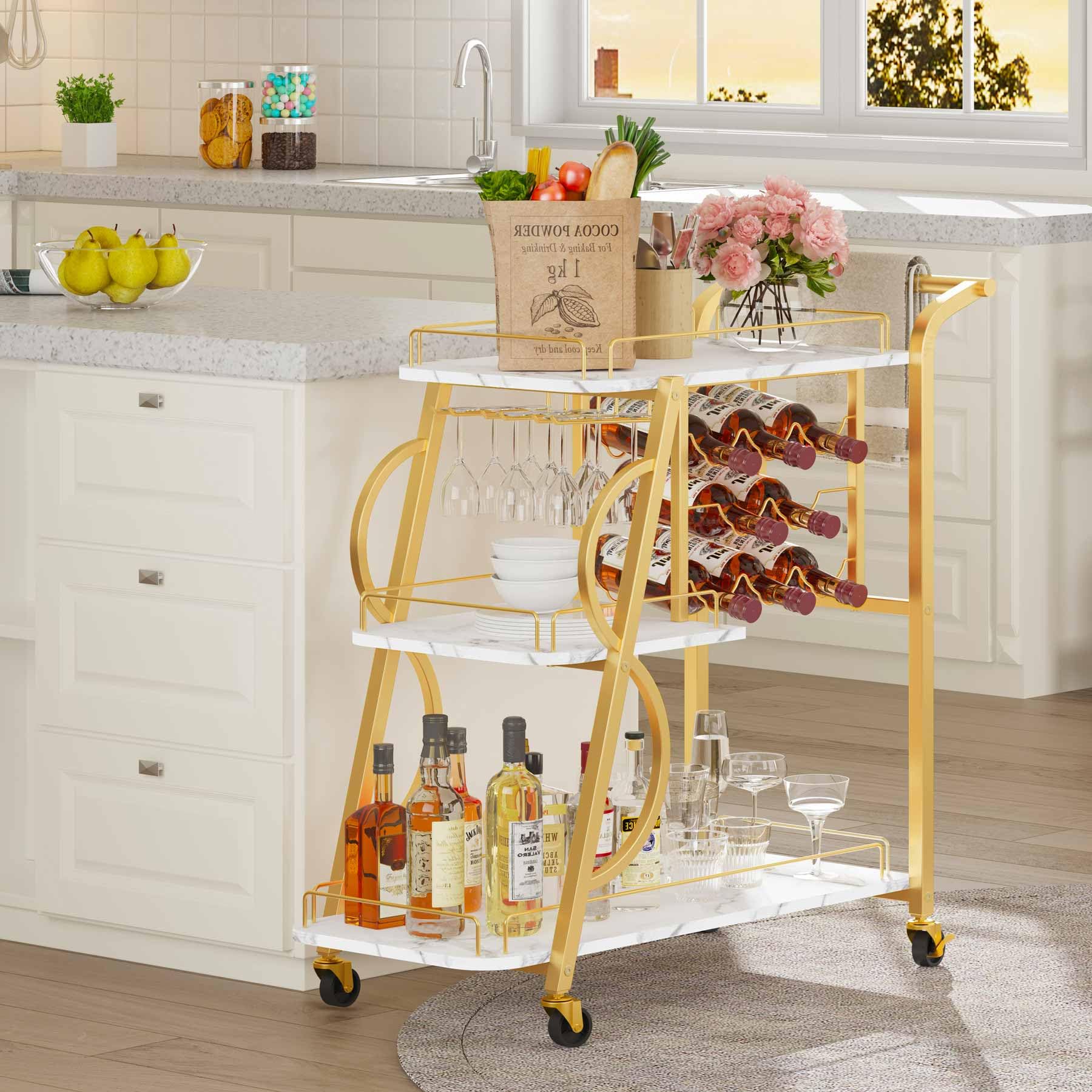 3-Tier Gold Bar Cart with Wine Glass Holder