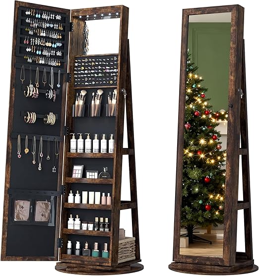 LED Mirror Jewelry Cabinet with 360° Swivel Storage